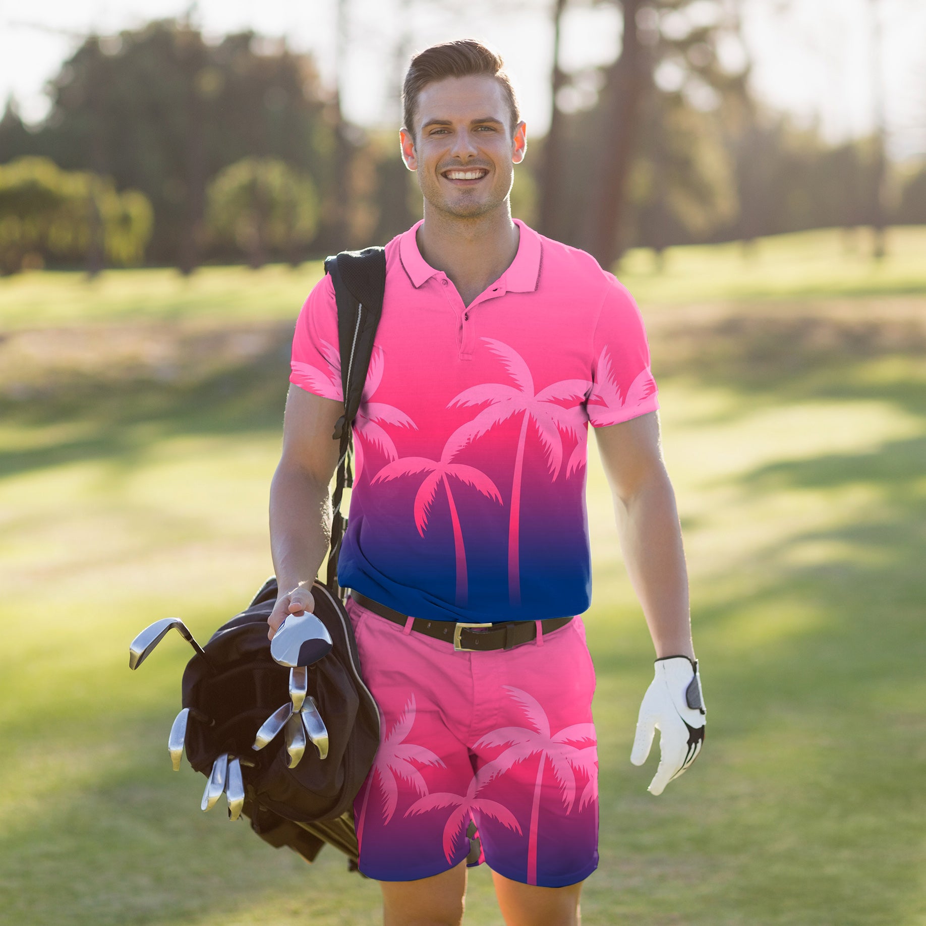 Men's Golf Set Polo+Shorts pink palm