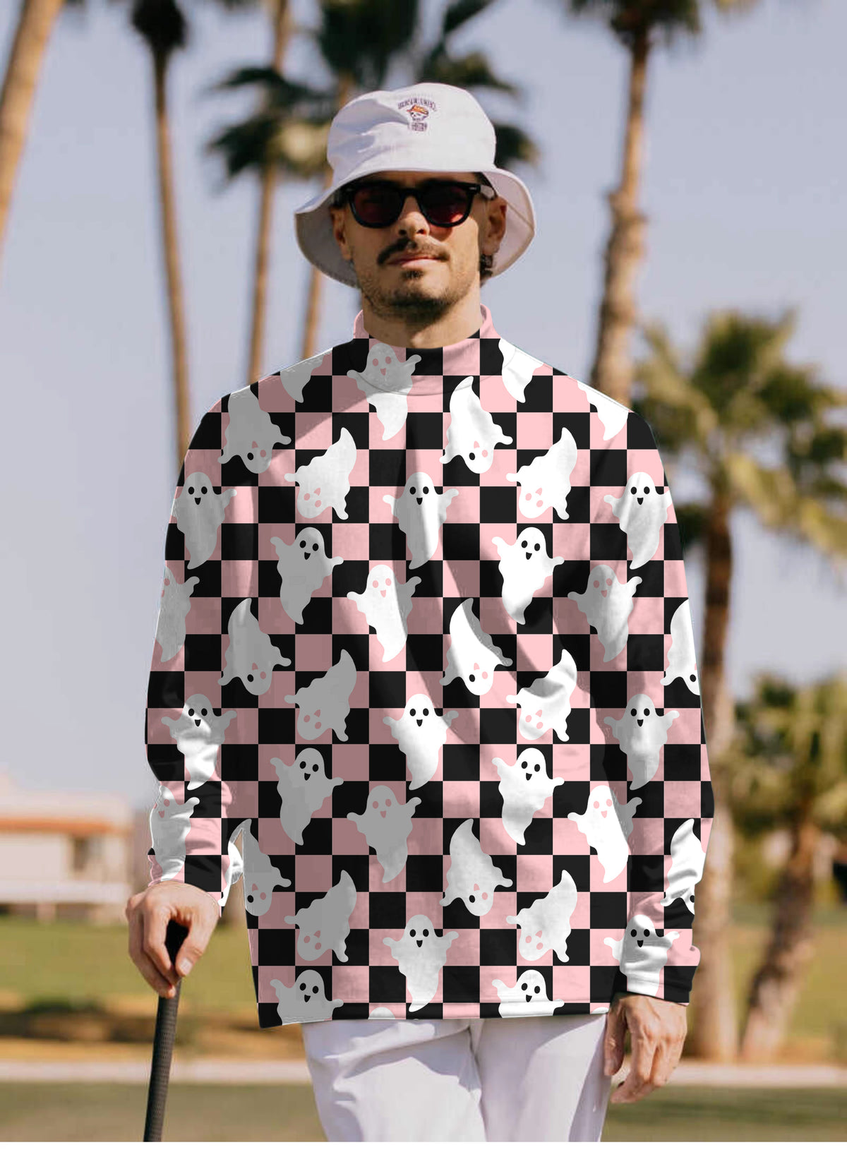 Men's Halloween Black and White Checkerboard Ghost Mock Neck Long/Short Sleeve Golf Tops