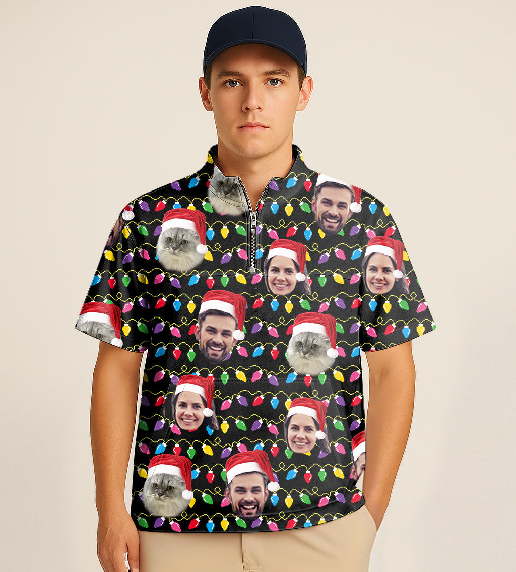 Man wearing half zipper turtleneck golf shirt with custom Christmas face embroidery and colorful holiday lights pattern