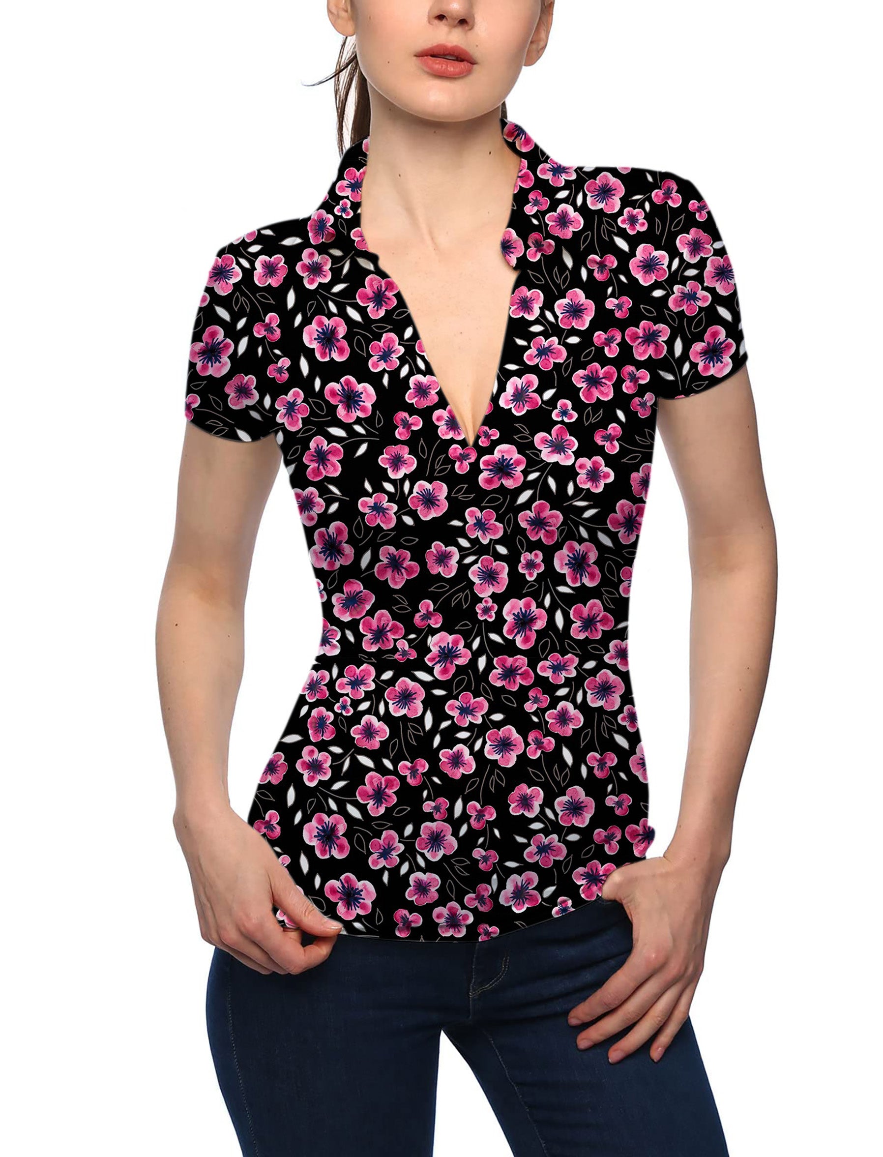 Women's Floral Out V Neck Golf Polo