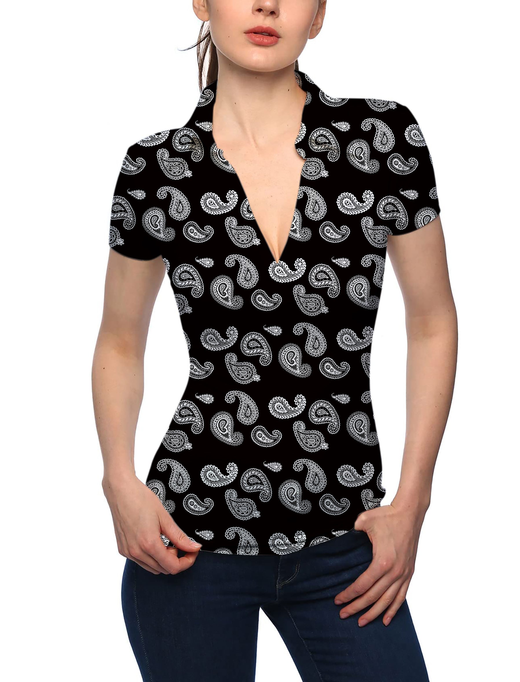 Women's Black Bandana V Neck Golf Polo