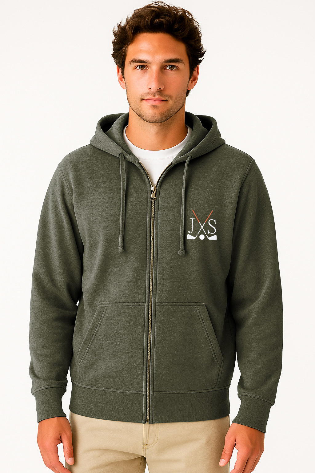 Embroidery solid color green men's plus size zip-up hoodie with three-panel hood and rib knit cuffs