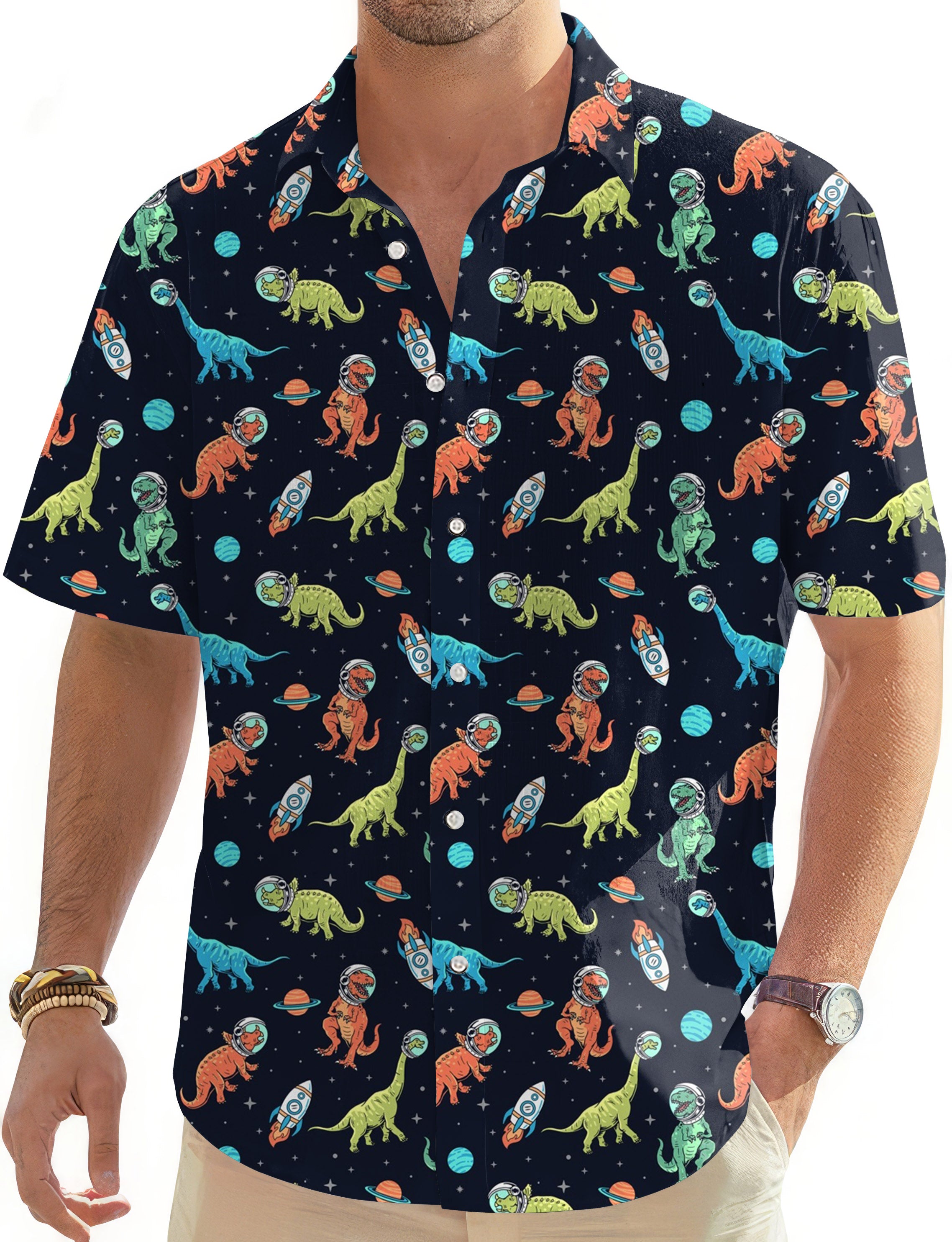 Space Dinosaur-Men's Golf Hawaiian Shirts Button Down Shirt
