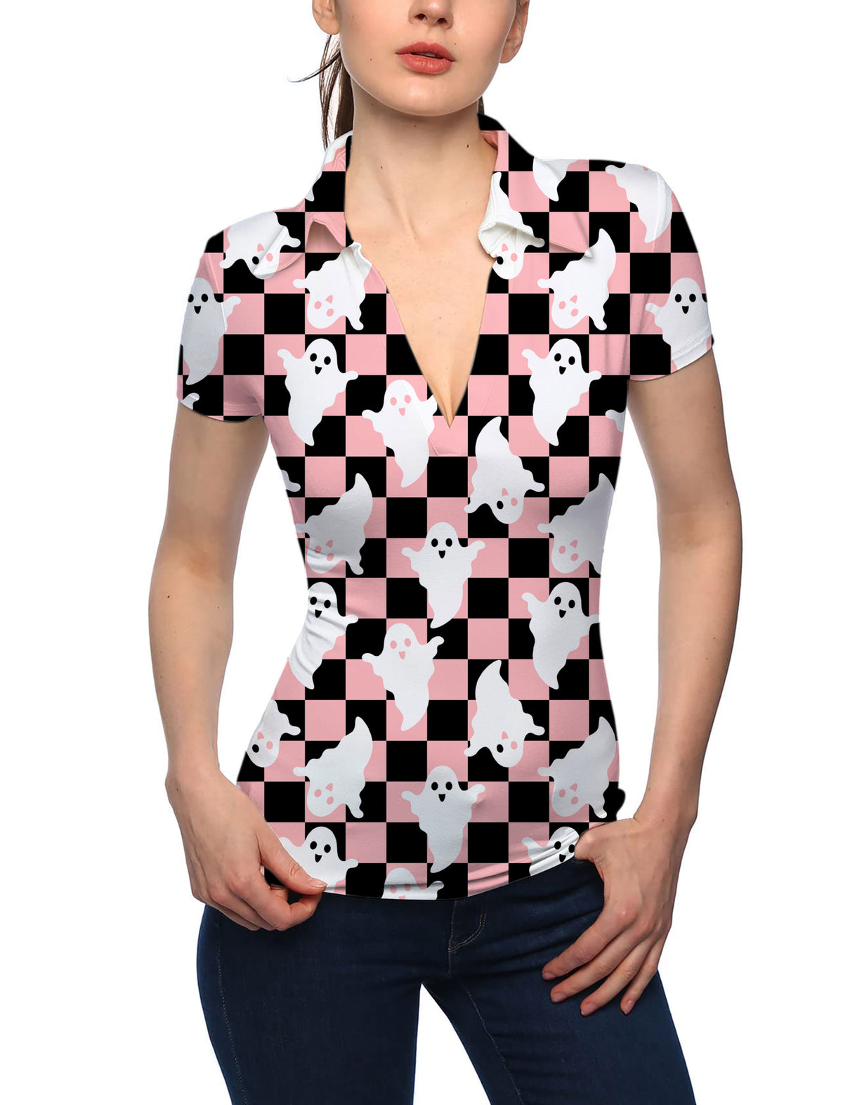 Women's Halloween Black and White Checkerboard Ghost V Neck Golf Polo
