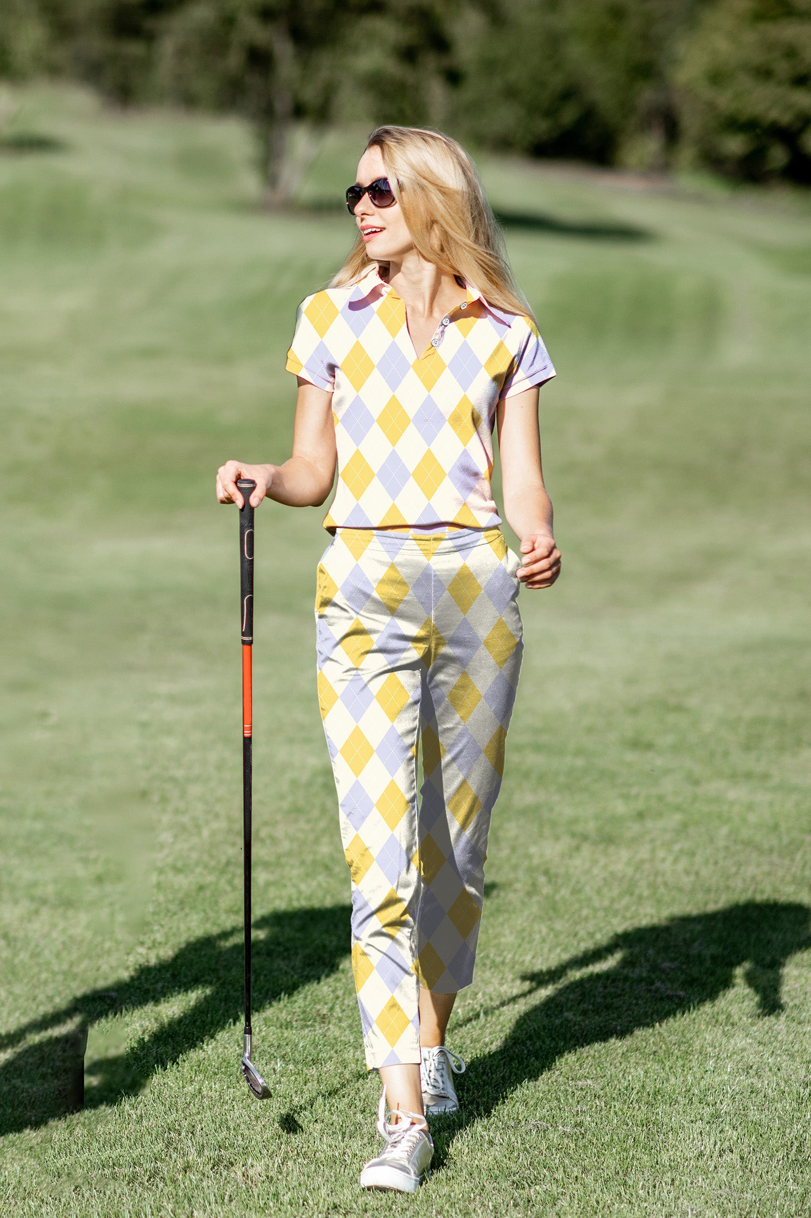 Women's Golf Polo+Pants Set Yollow Argyle