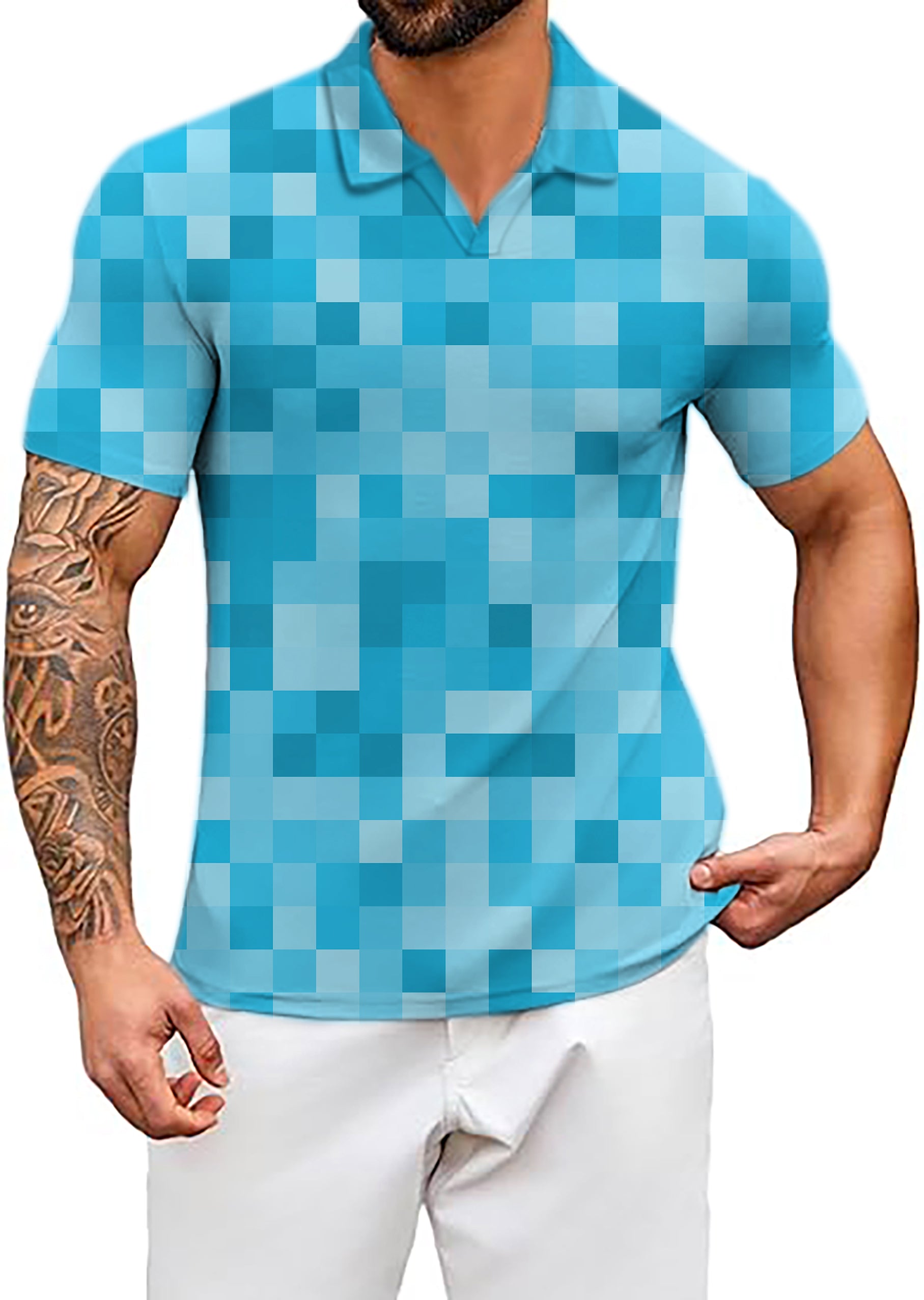 Men's Blue Pixel Big V Neck Golf Polo Shirts