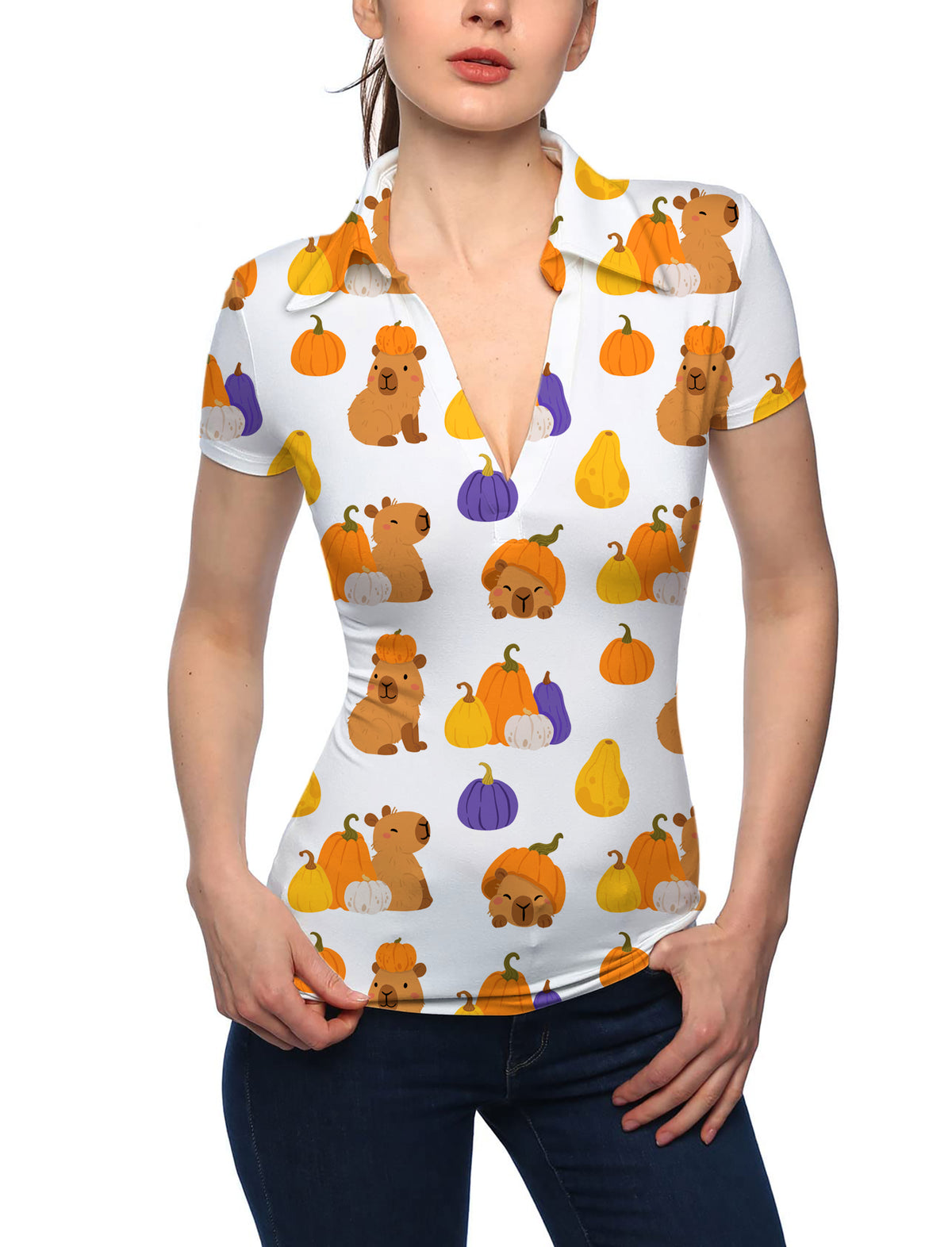 Women's Halloween Capybara V Neck Golf Polo