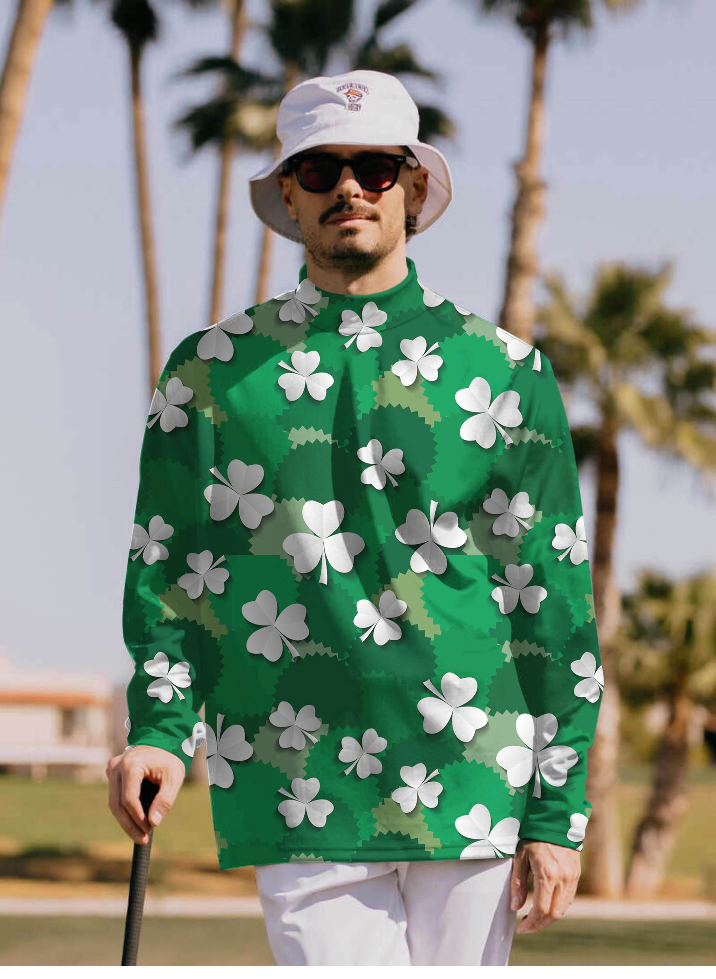 Men's Leaf clover St. Patrick's Day Pullover High neck Long/Short sleeve T-Shirt