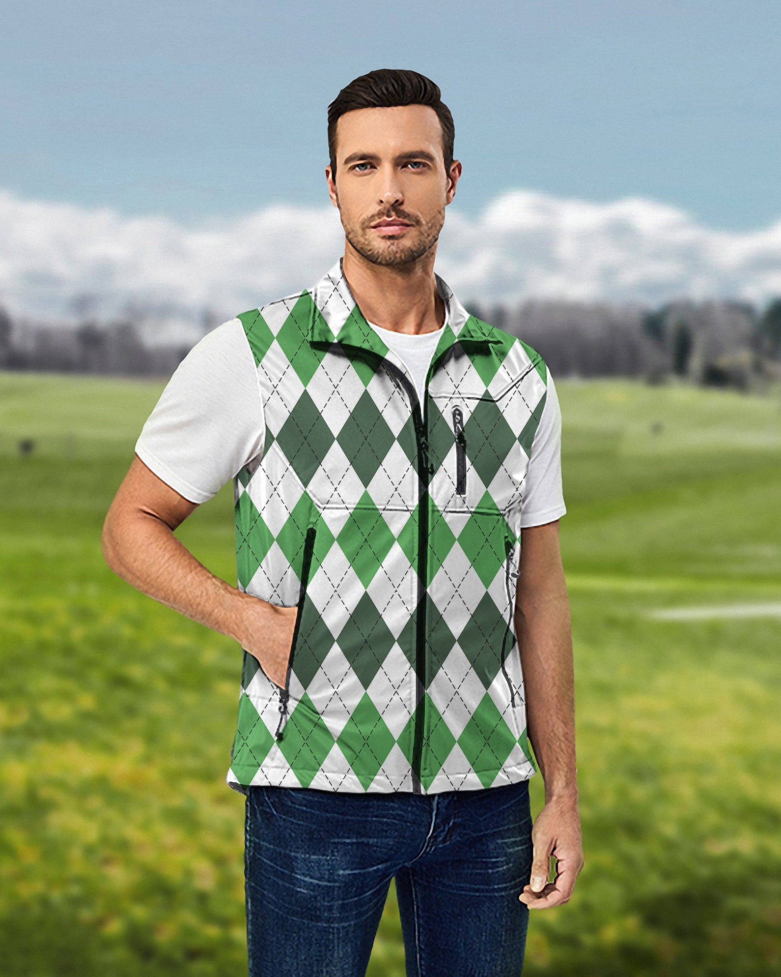 Men's St. Patricks day Argyle plaid Lightweight Softshell Vest Sleeveless Jacket for Golf Windproof Waterproof