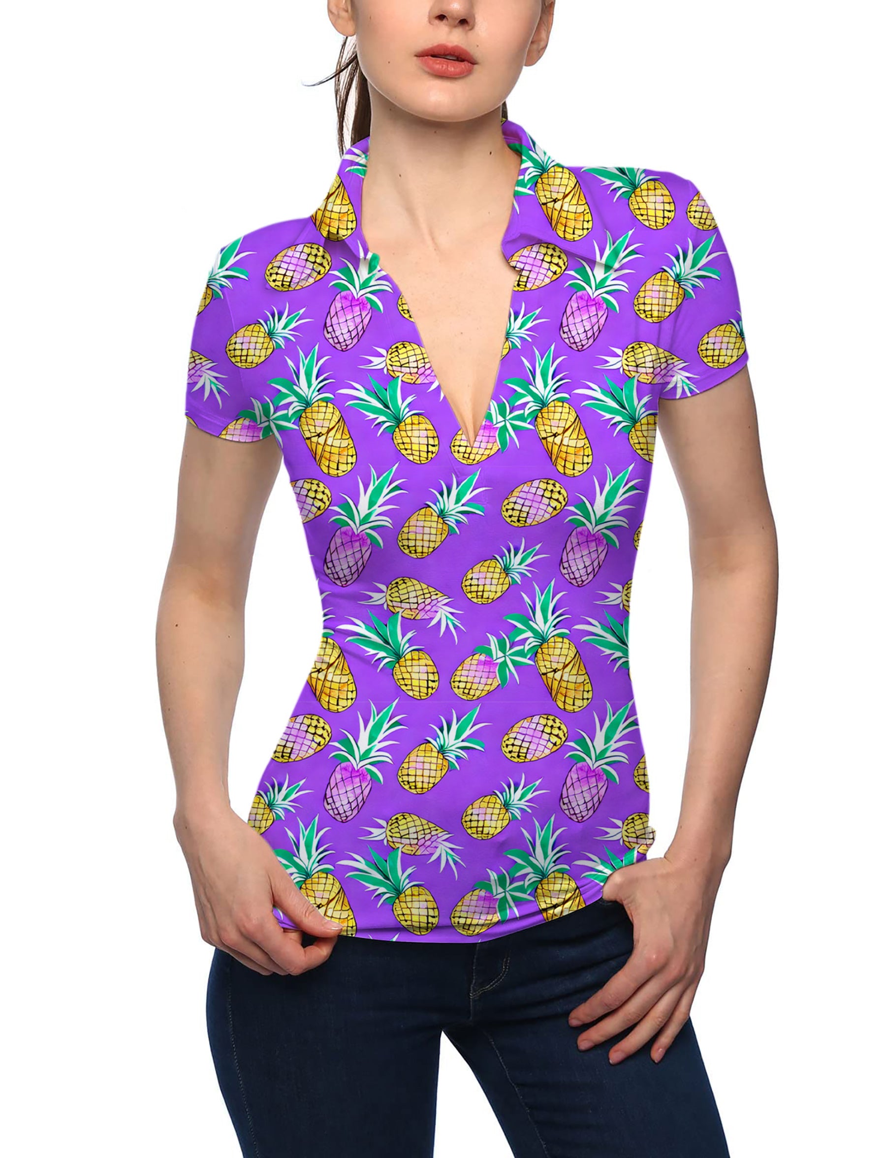 Women's Purple Pineapple V Neck Golf Polo