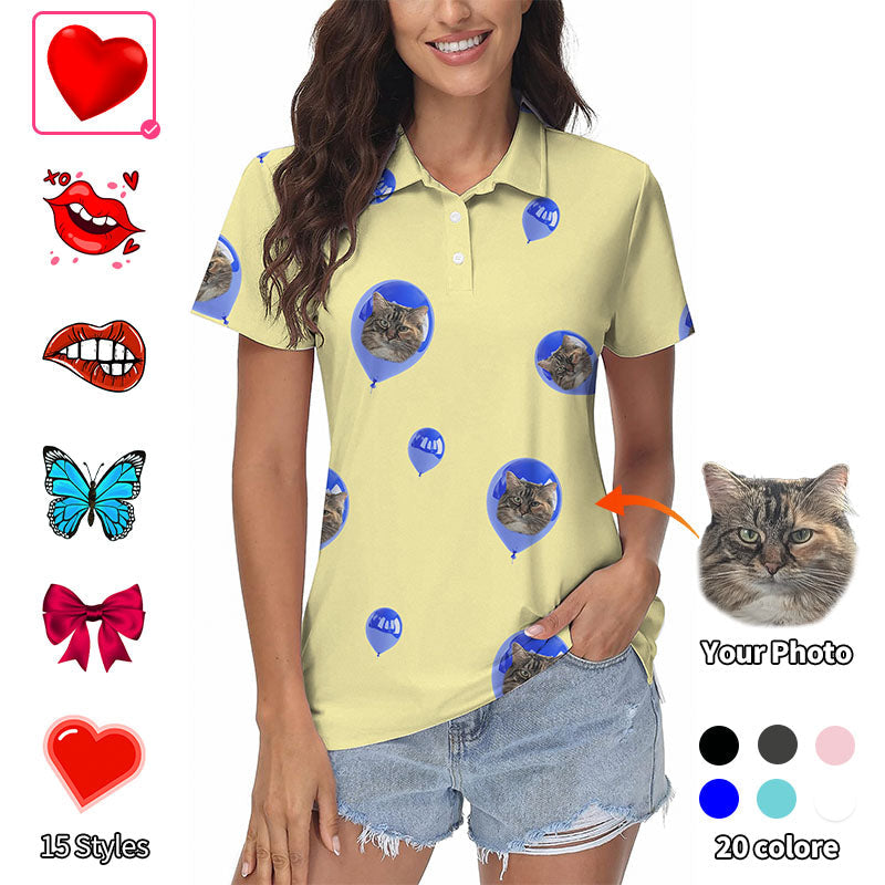 Valentine's Day custom photo face yellow women's golf polo with four-way stretch, moisture-wicking fabric, UPF 40+ protection, and wrinkle-resistant finish