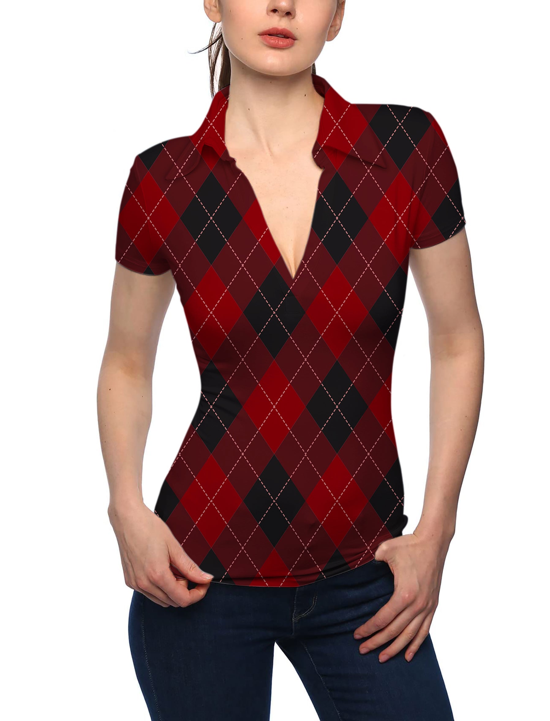Women's red Argyle V Neck Golf Polo