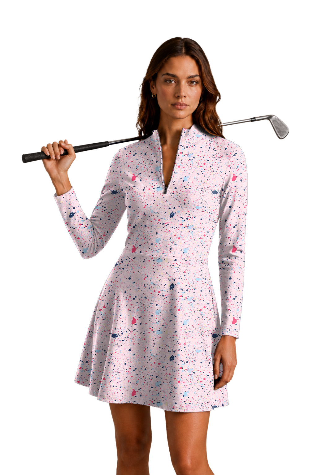 Black Pink Ink Dots Women's Golf Long Sleeve Zipper Dresses Comes with separate matching shorts