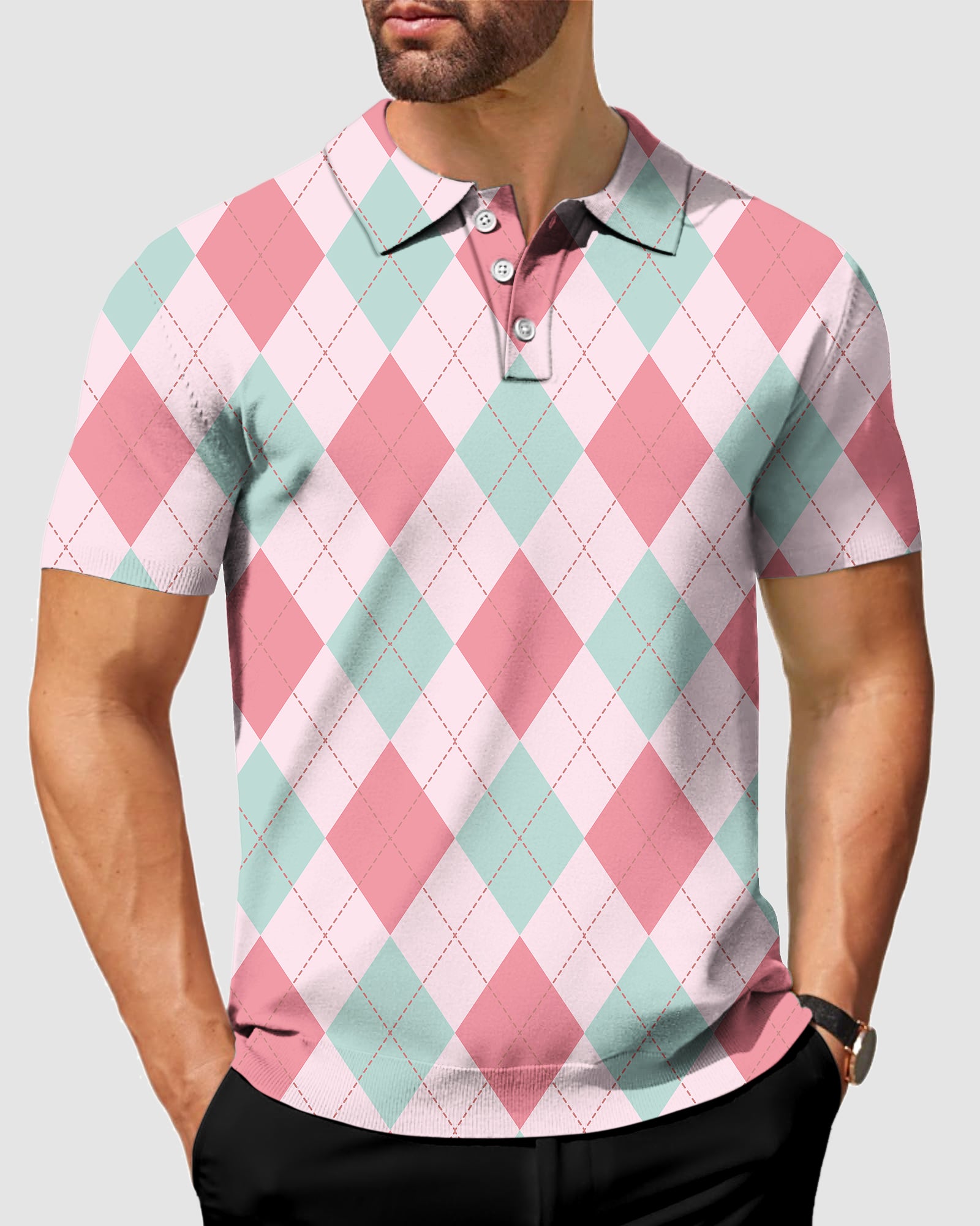 Men's pink Argyle Polo
