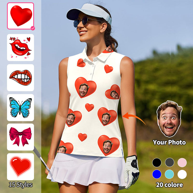 Valentine's Day Custom Photo Face Custom Color White Women's golf Sleeveless shirt