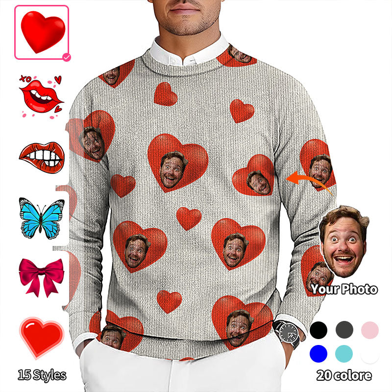 Valentine's Day Custom Photo Face Custom Color White Men's Golf Crewneck Pullover Sweaters Ugly Sweater