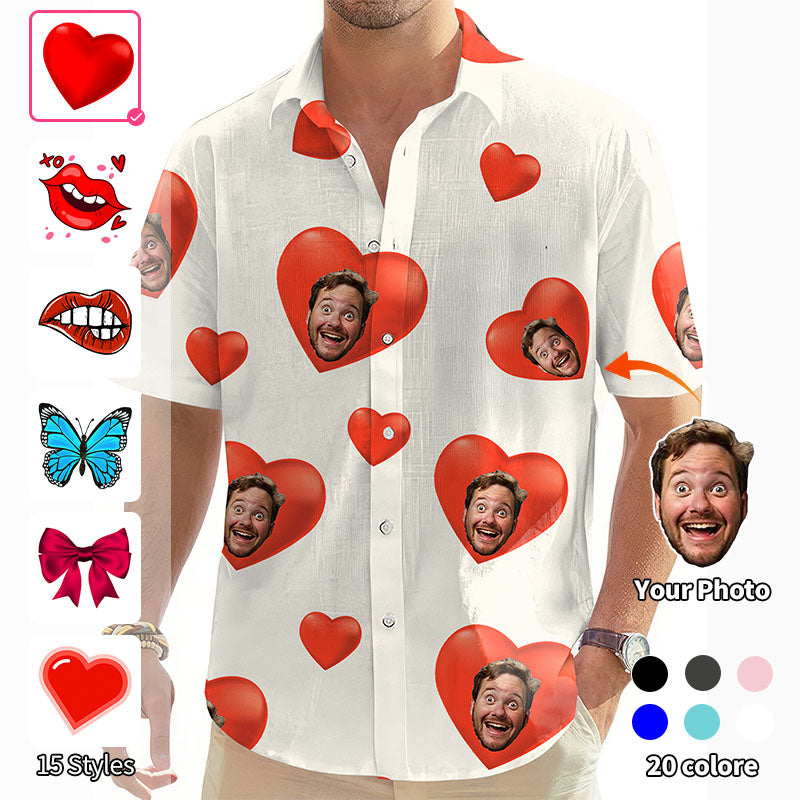Valentine's Day Custom Photo Face Custom Color White Men's Golf Hawaiian Shirts Button Down Shirt
