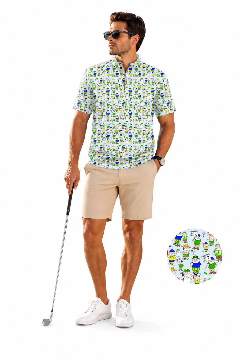 Men's Short Sleeve Quarter Zip Golf Pullover  Gnome Garden Open Designer style Embroidery Sam’s Weird Studio
