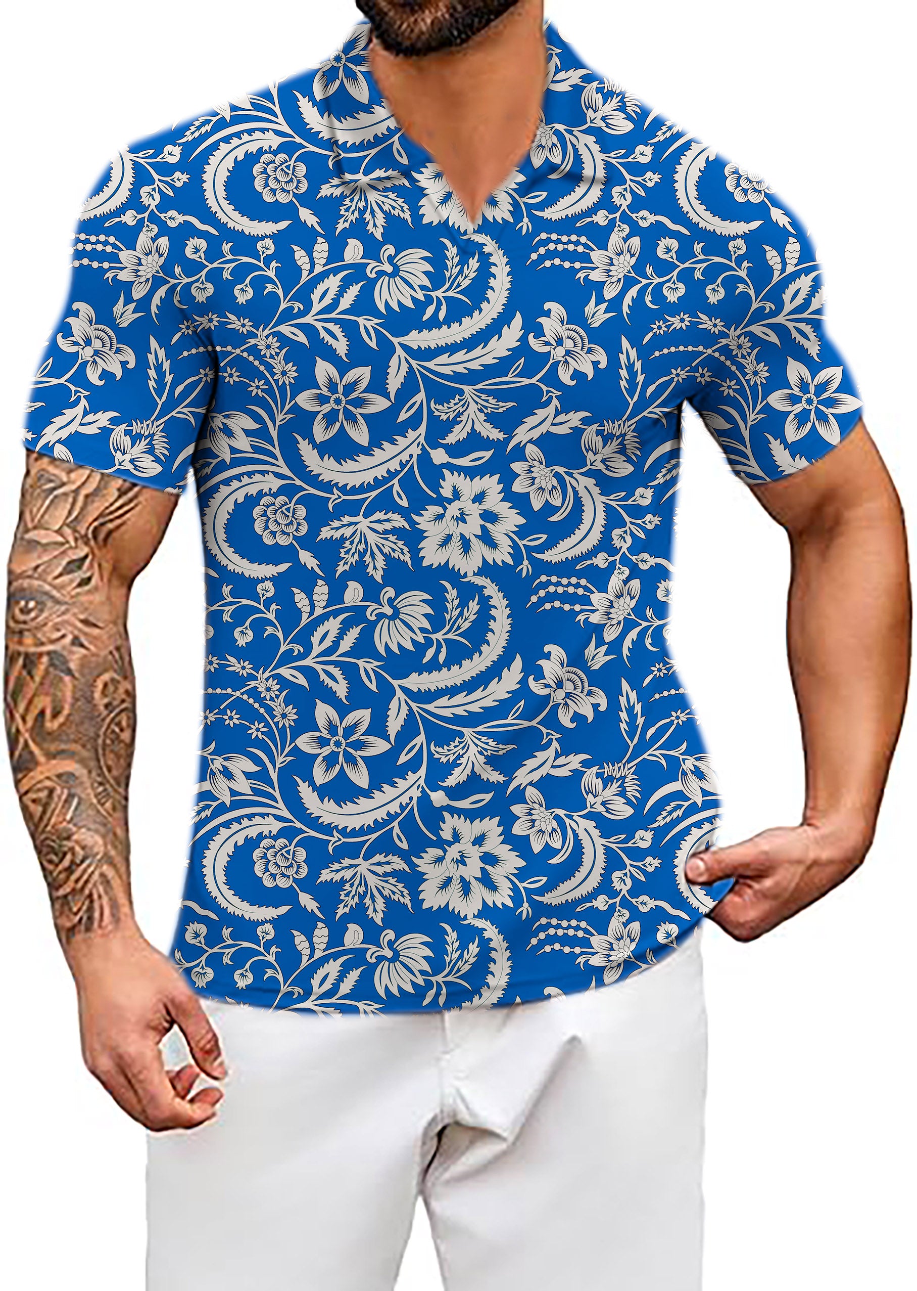 Men's Blue flowers V Neck Golf Polo Shirts