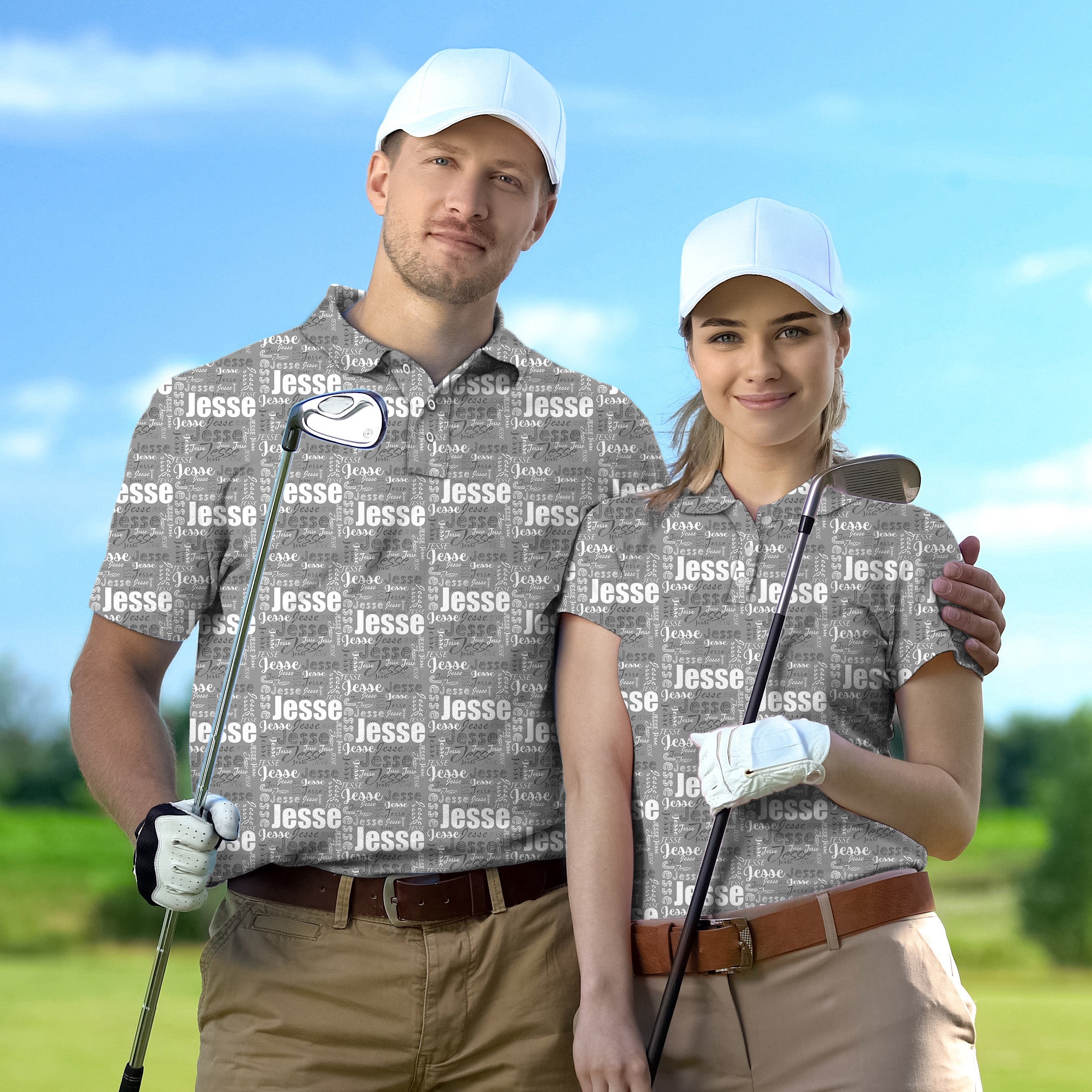 Golf Polo Couple Family set Custom name grey tournament
