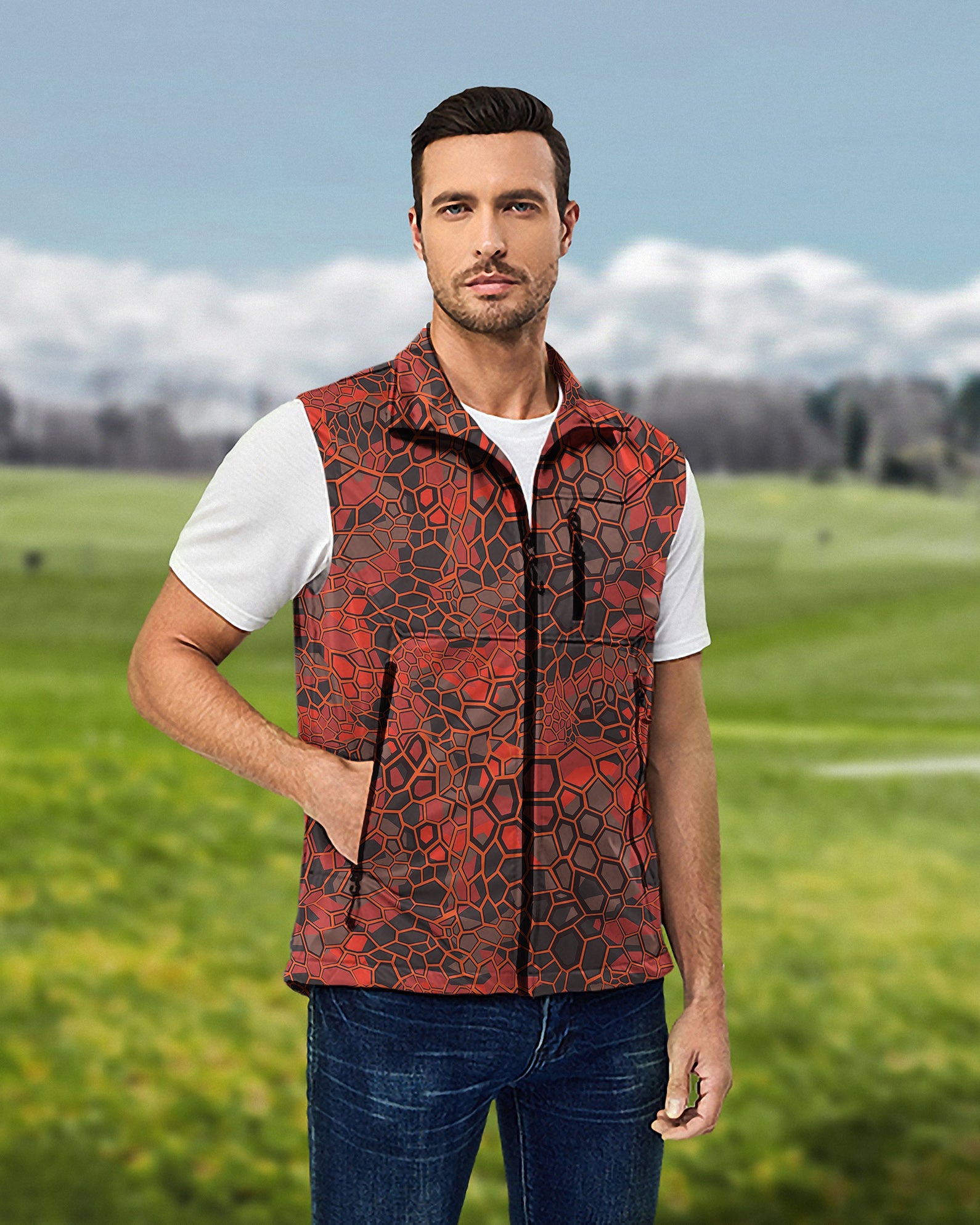 Men's Red Dragonscale Lightweight Softshell Vest Sleeveless Jacket for Golf