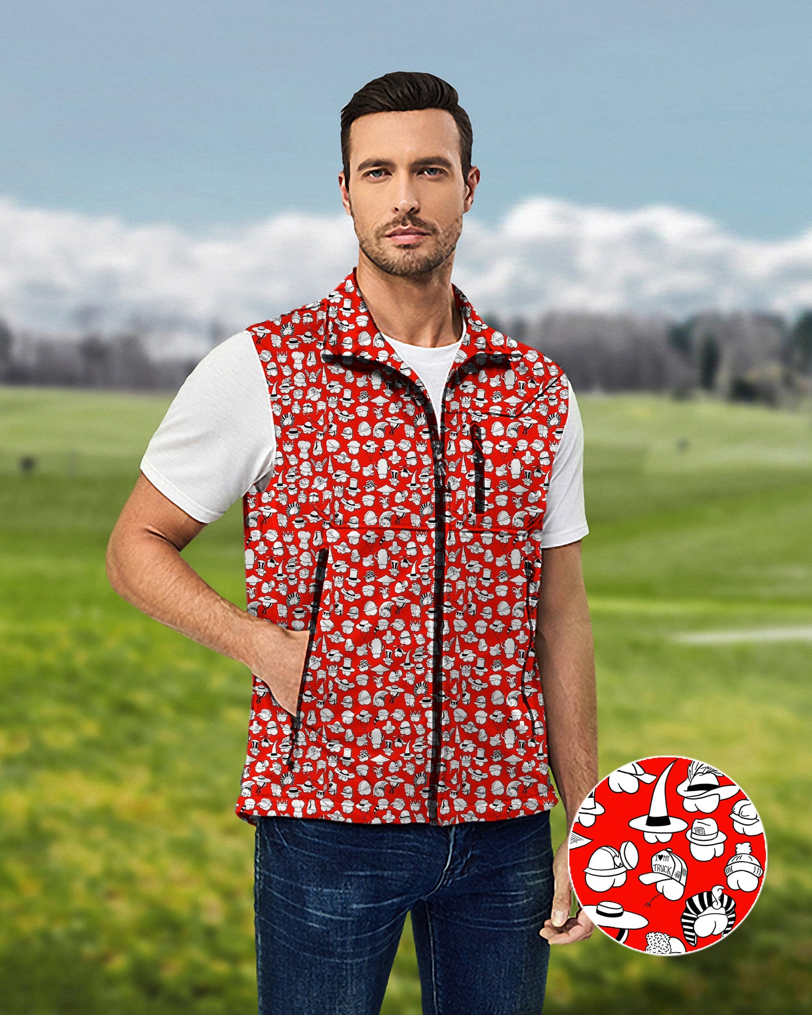 Men's Red Versatile Hips Designer style Lightweight Softshell Vest Sleeveless Jacket for Golf Windproof Waterproof