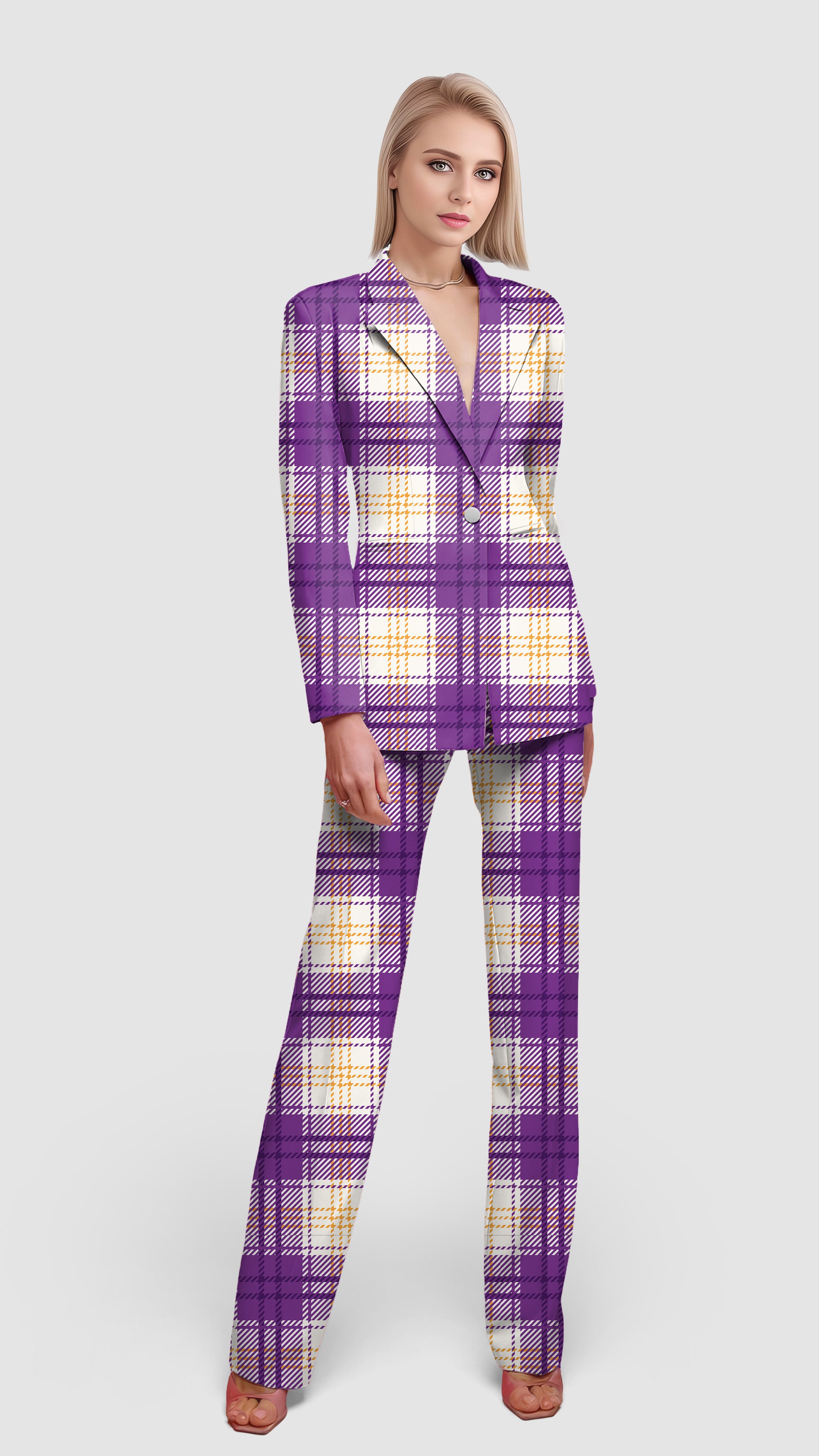 Halloween purple and yellow grid pattern Women's Blazer Casual Work Office Blazer Suit set