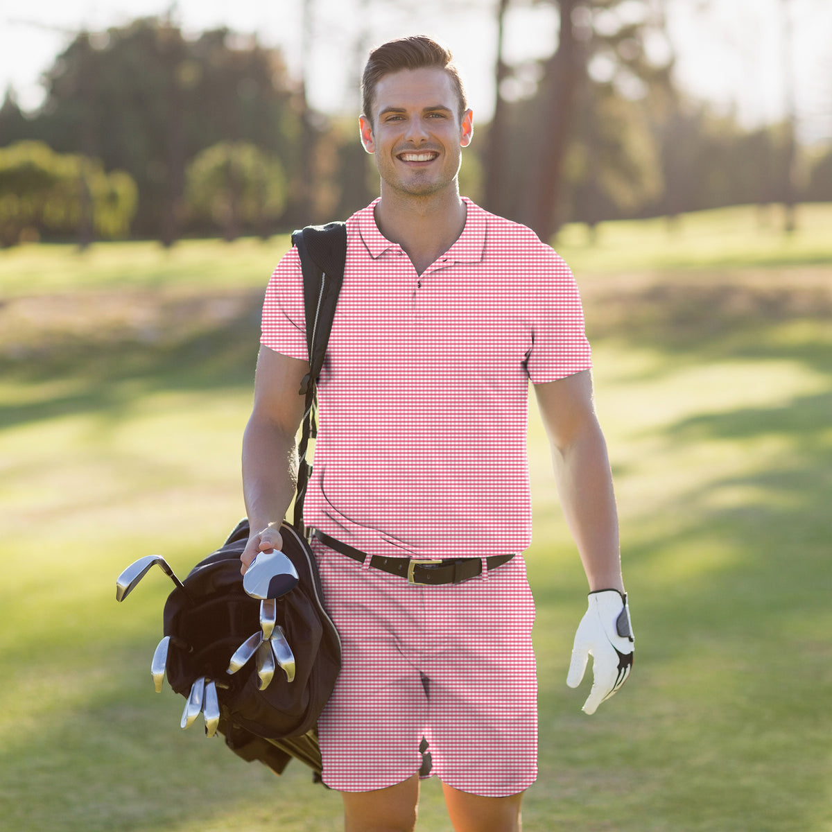 Men's Golf Set Polo+Shorts Pink striped and checkered squares