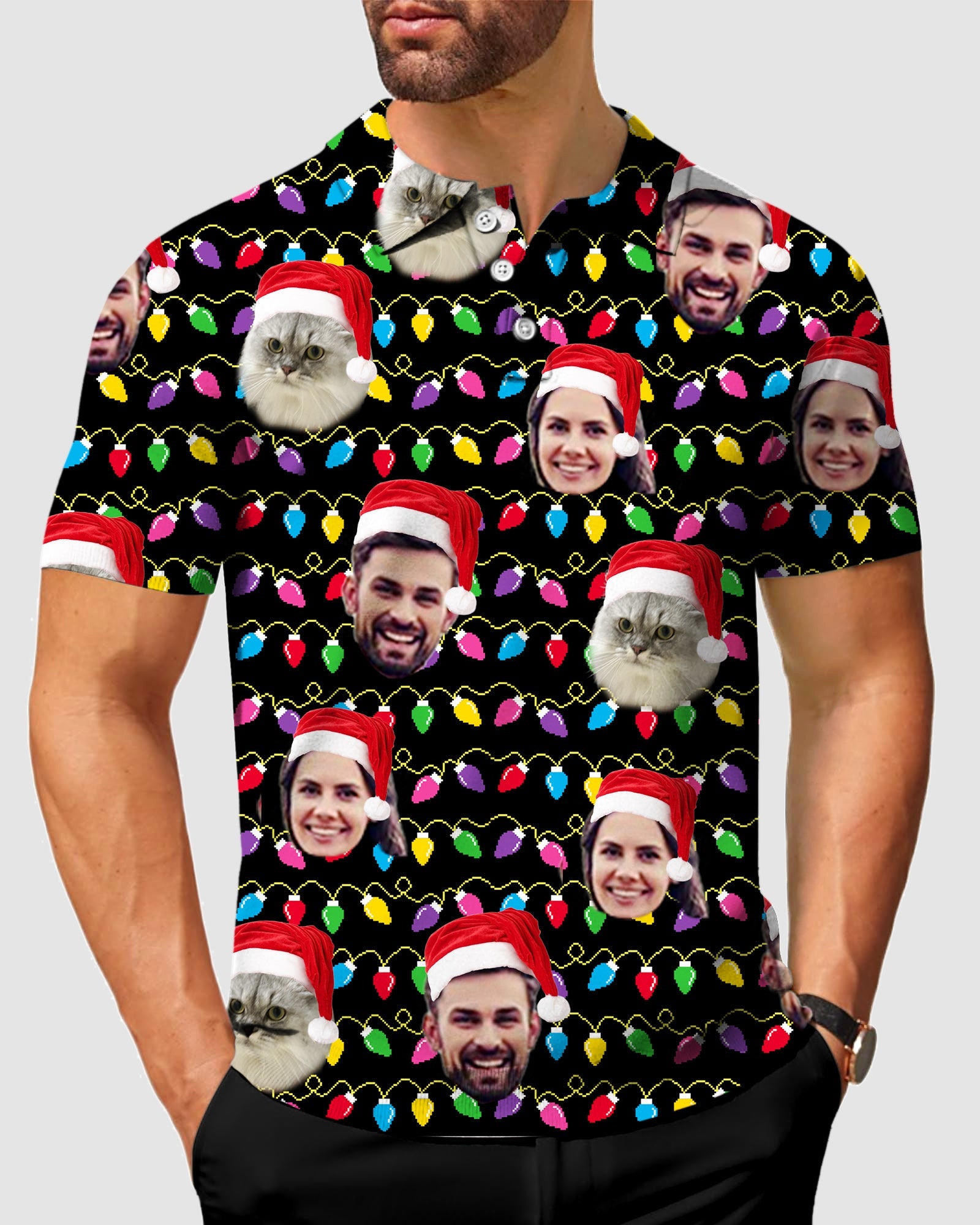Men's Custom face Christmas polo shirt with personalized faces and holiday lights pattern