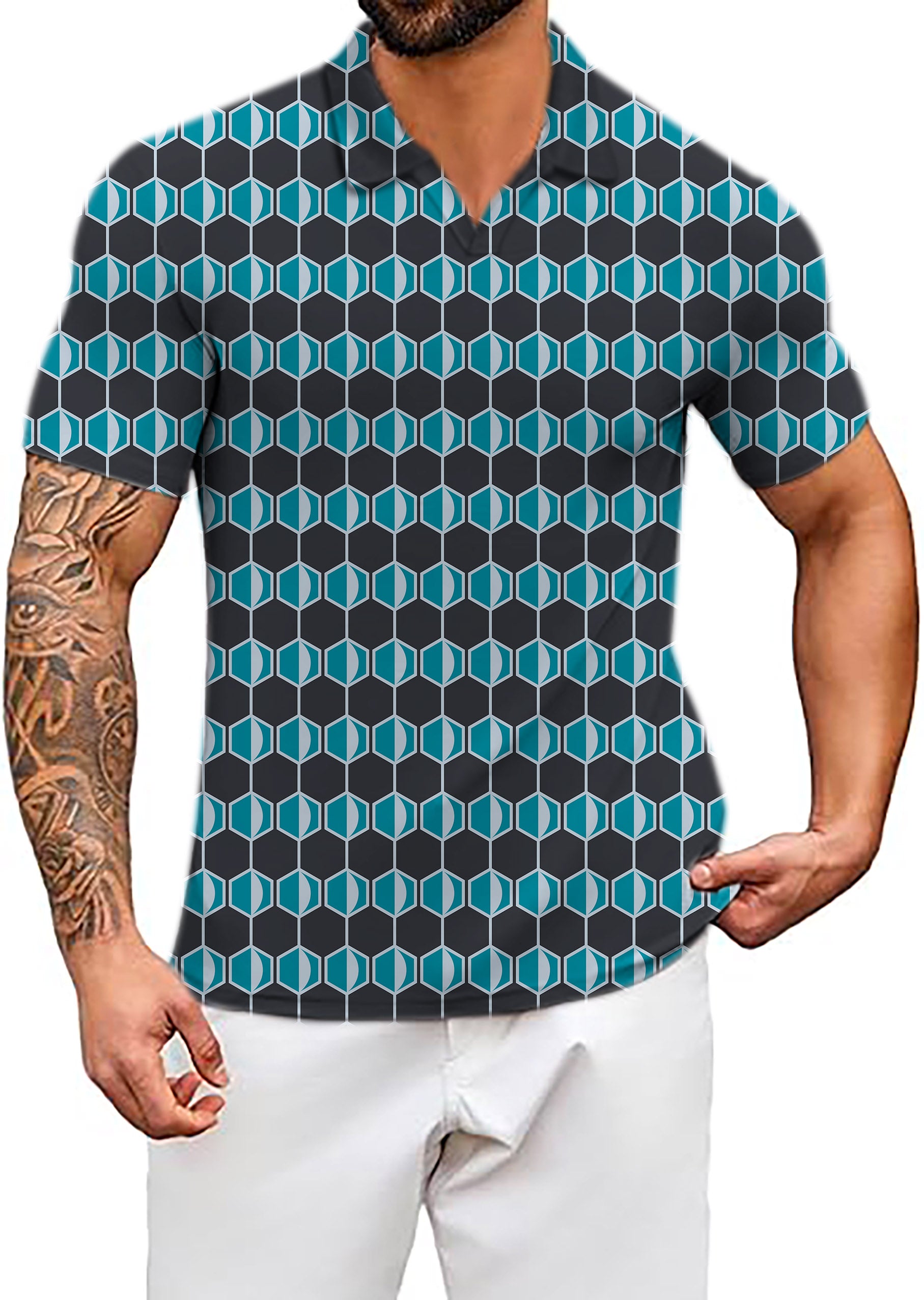 Men's navy blue Hexagon V Neck Golf Polo Shirts limited edition