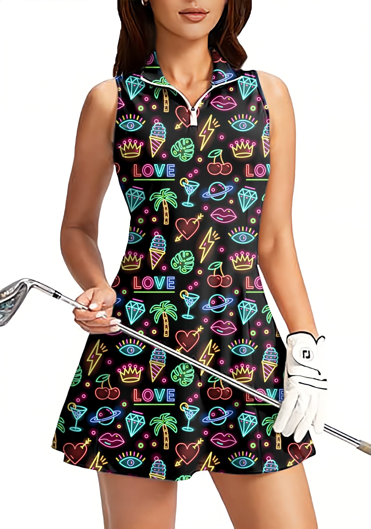 neon summer Women's Golf Sleeveless Zipper Dresses with Built in Shorts