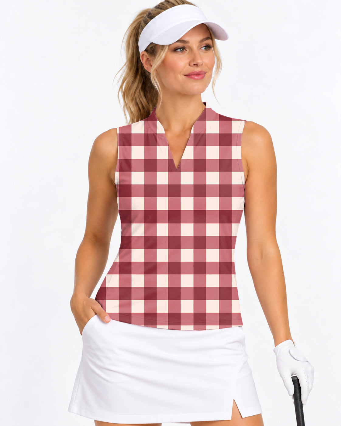 Christmas red checkerboard Women's V Notch Mock Neck Sleeveless Golf Athletic Blouse