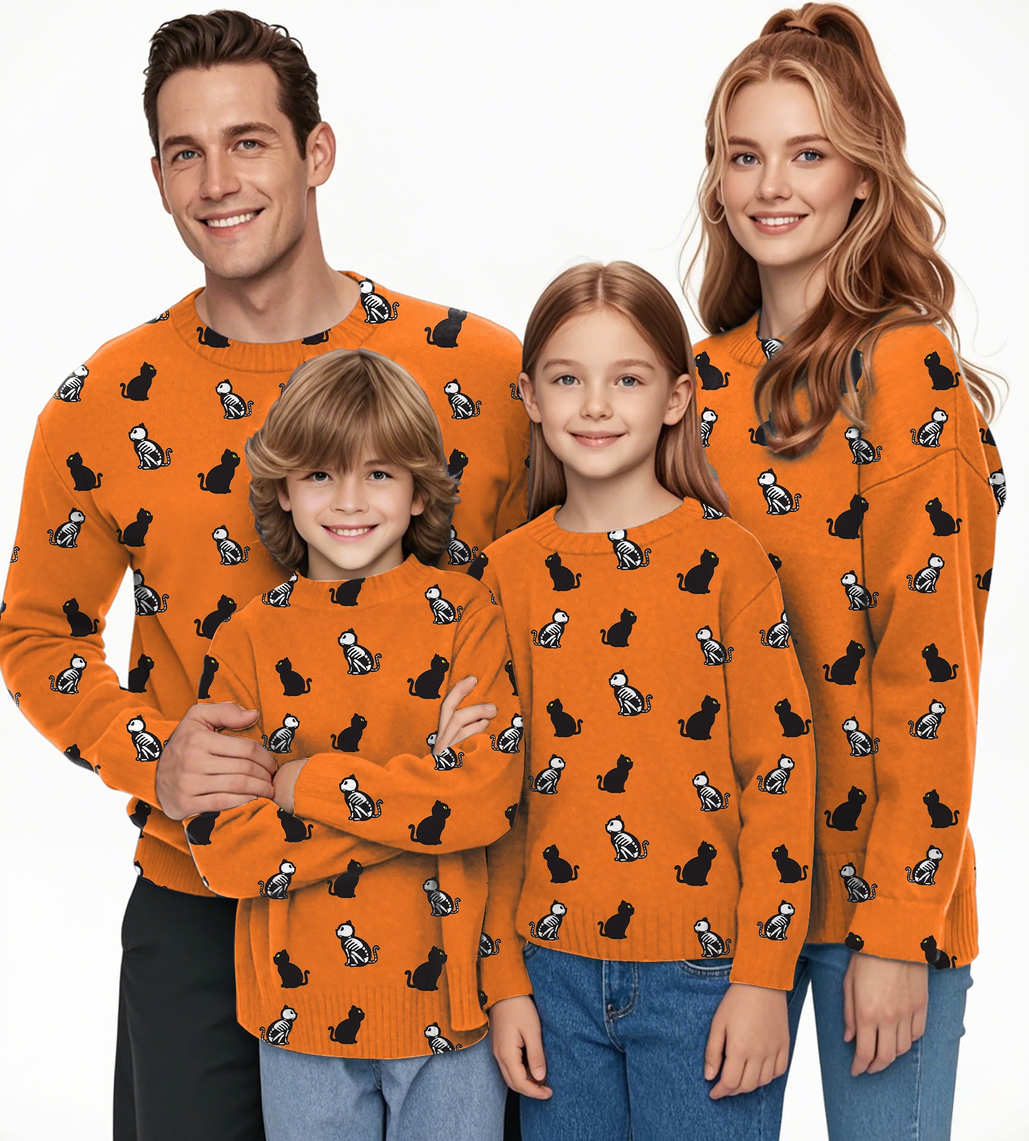 Halloween Skull Cat Custom The Background Color Crewneck Pullover Ugly Sweater Men Women boy girl family
