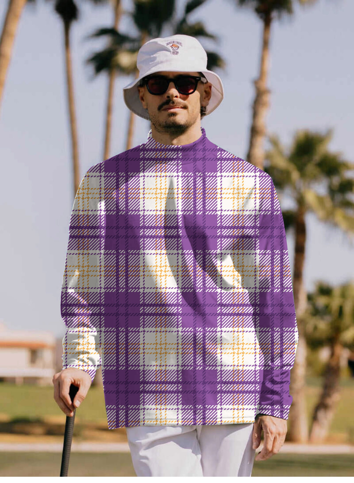 Men's Halloween purple and yellow grid pattern Mock Neck Long/Short Sleeve Golf Tops