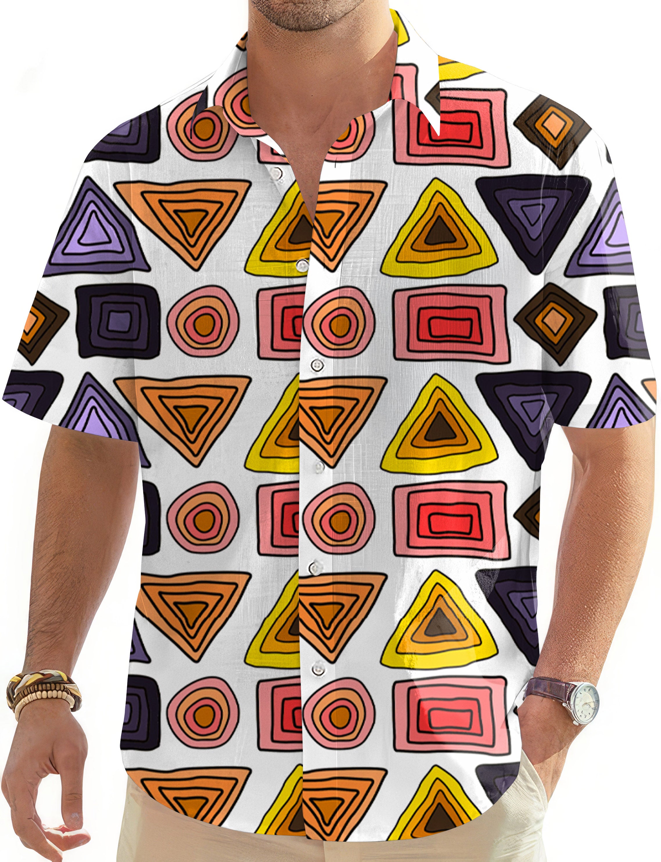 colorfull triangle tribal Men's Golf Hawaiian Shirts Button Down Shirt