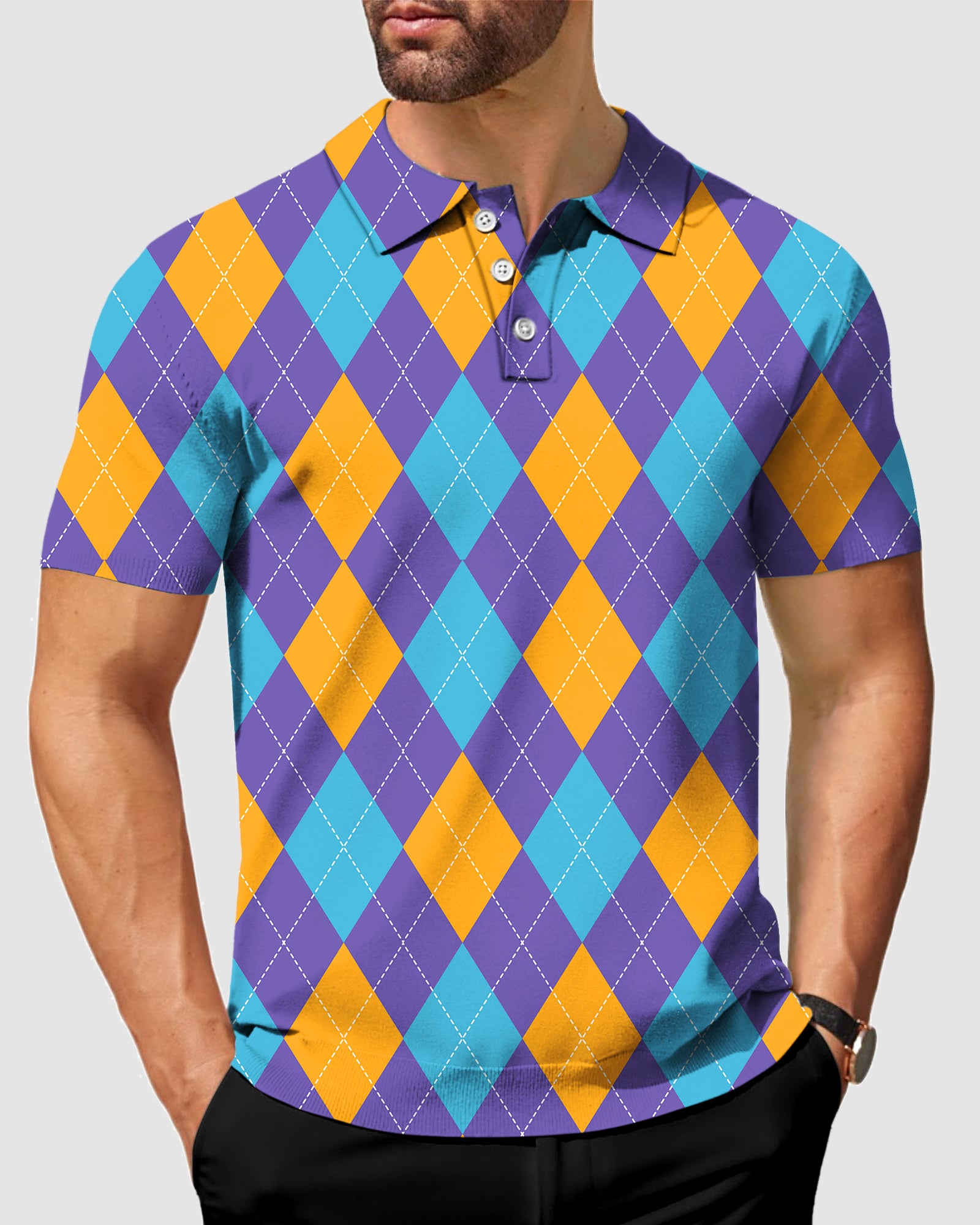Men's Purple orange blue Argyle Polo