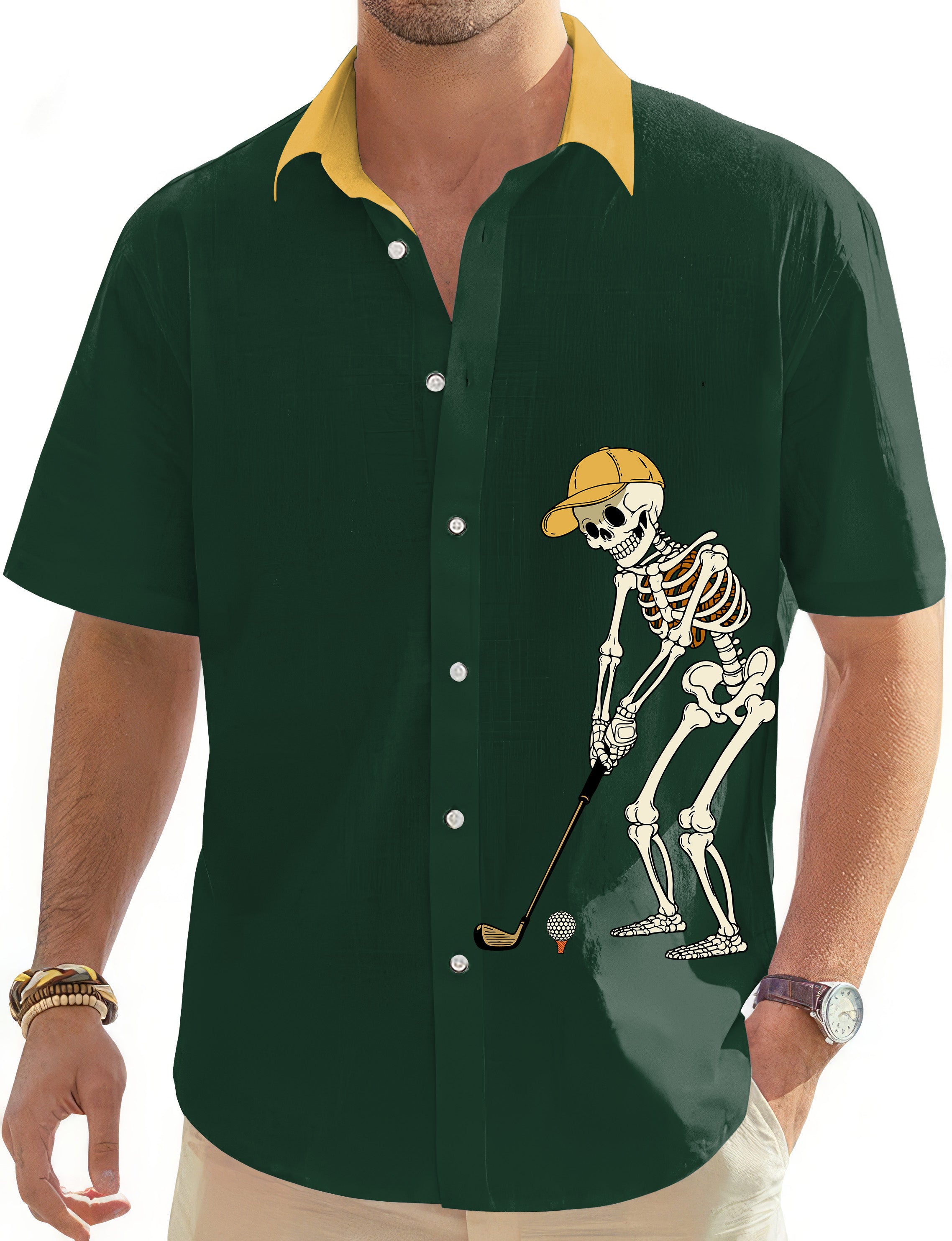 Yellow Green Halloween Skeleton Golf Men's Golf Hawaiian Shirts Button Down Shirt