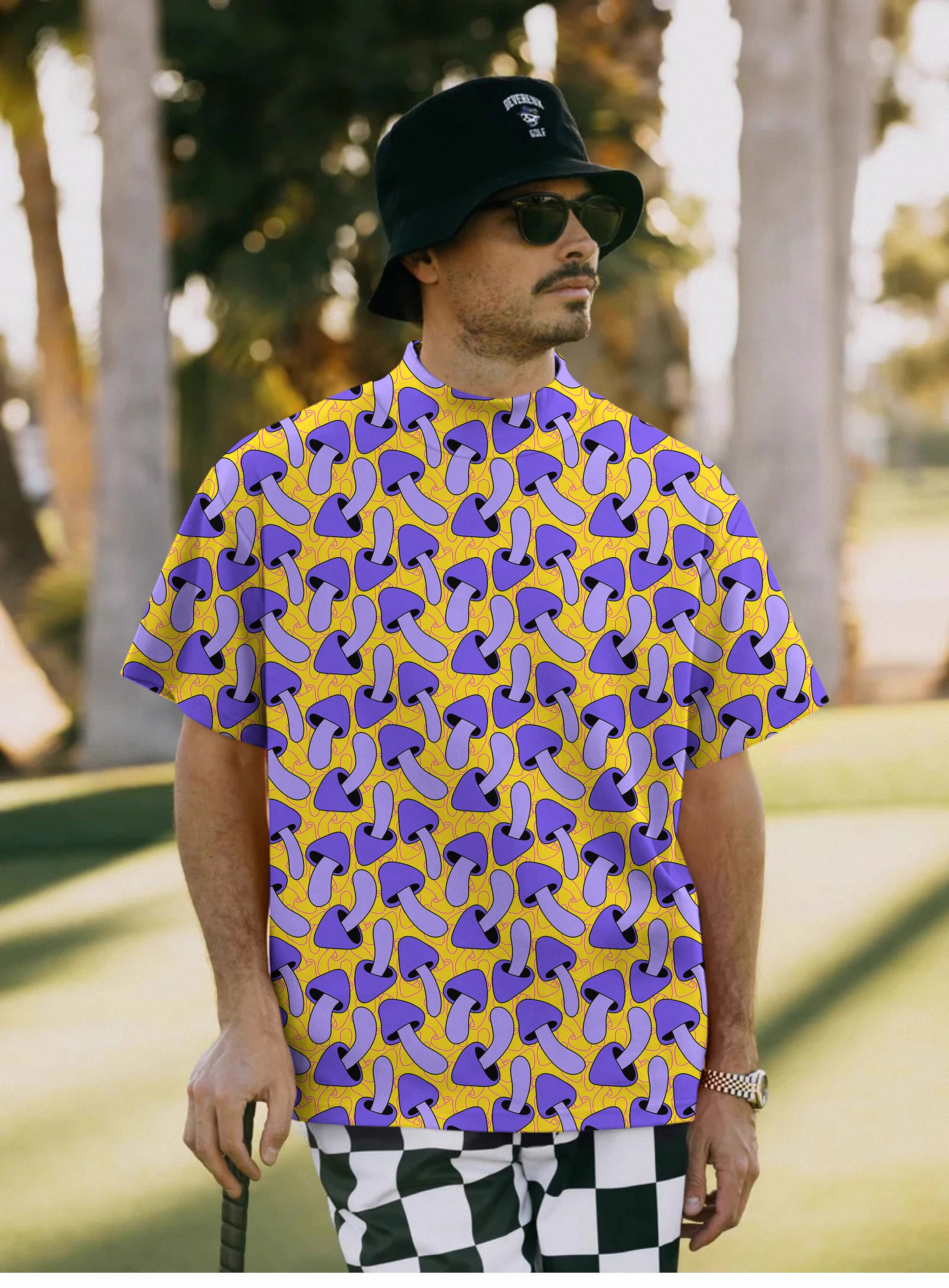 Men's Psychedelic Mushroom Print Mock Neck Long/Short Sleeve Golf Tops