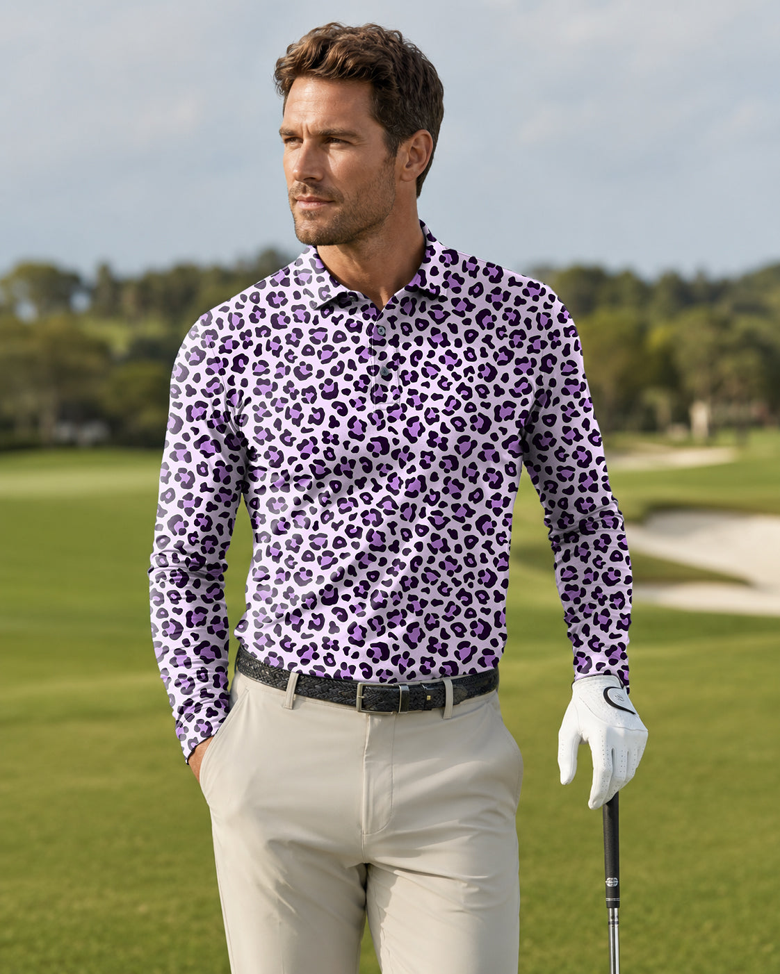 Men's pink leopard print Long-sleeved Polo