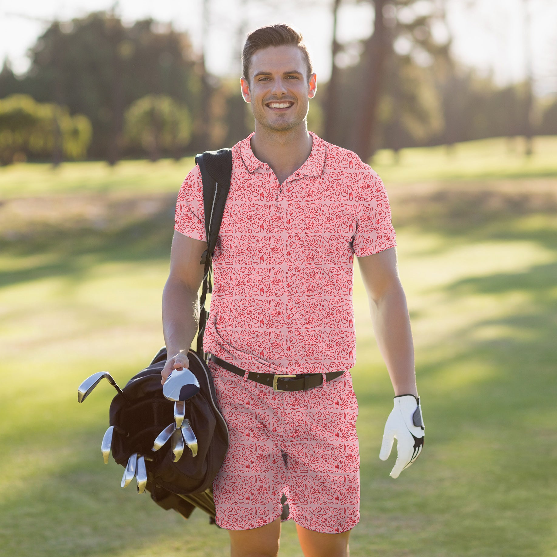 Men's Golf Set Polo+Shorts Simple Pink Flower Drawing
