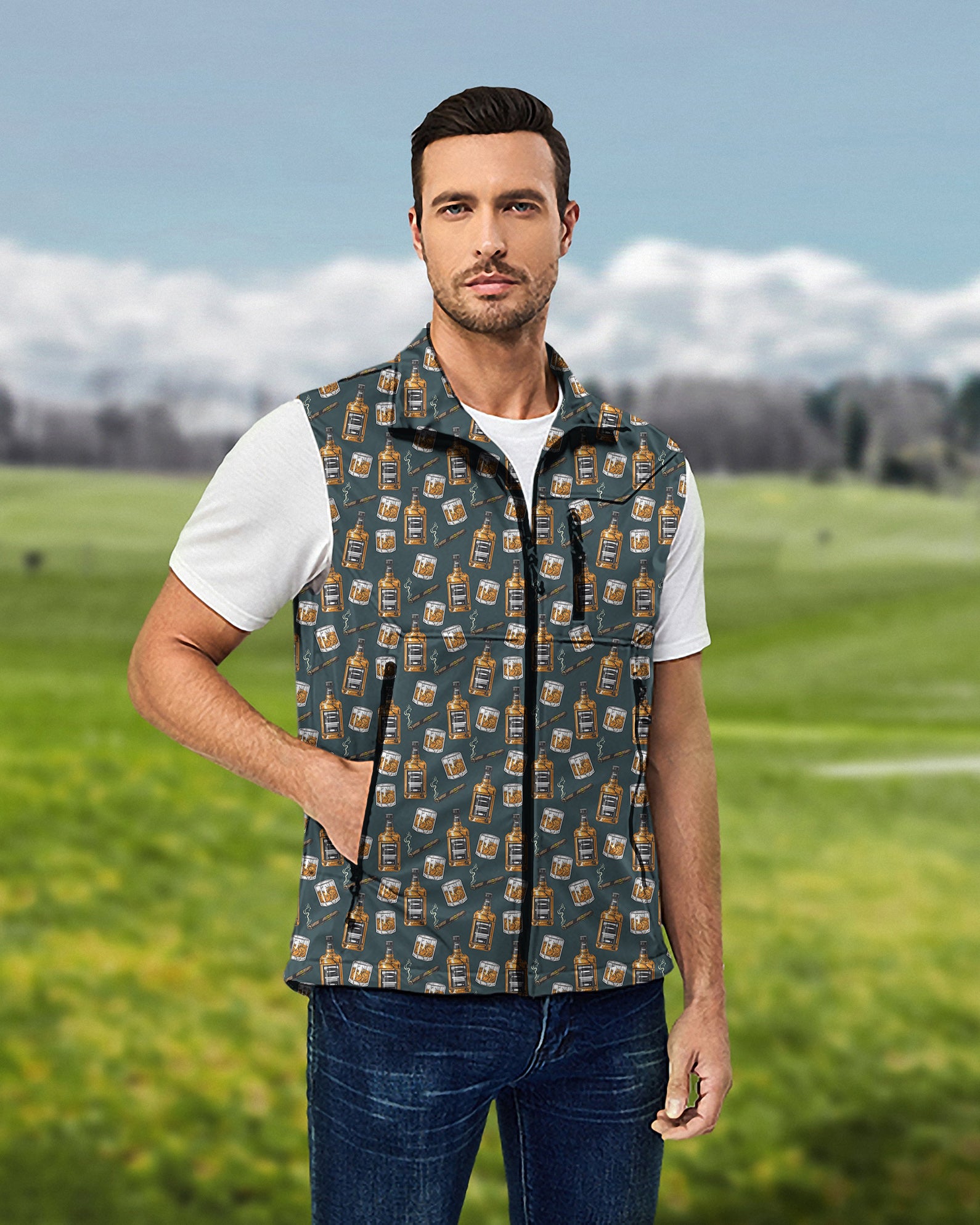 Men's WHISKEY CIGARS Lightweight Softshell Vest Sleeveless Jacket for Golf Windproof Waterproof