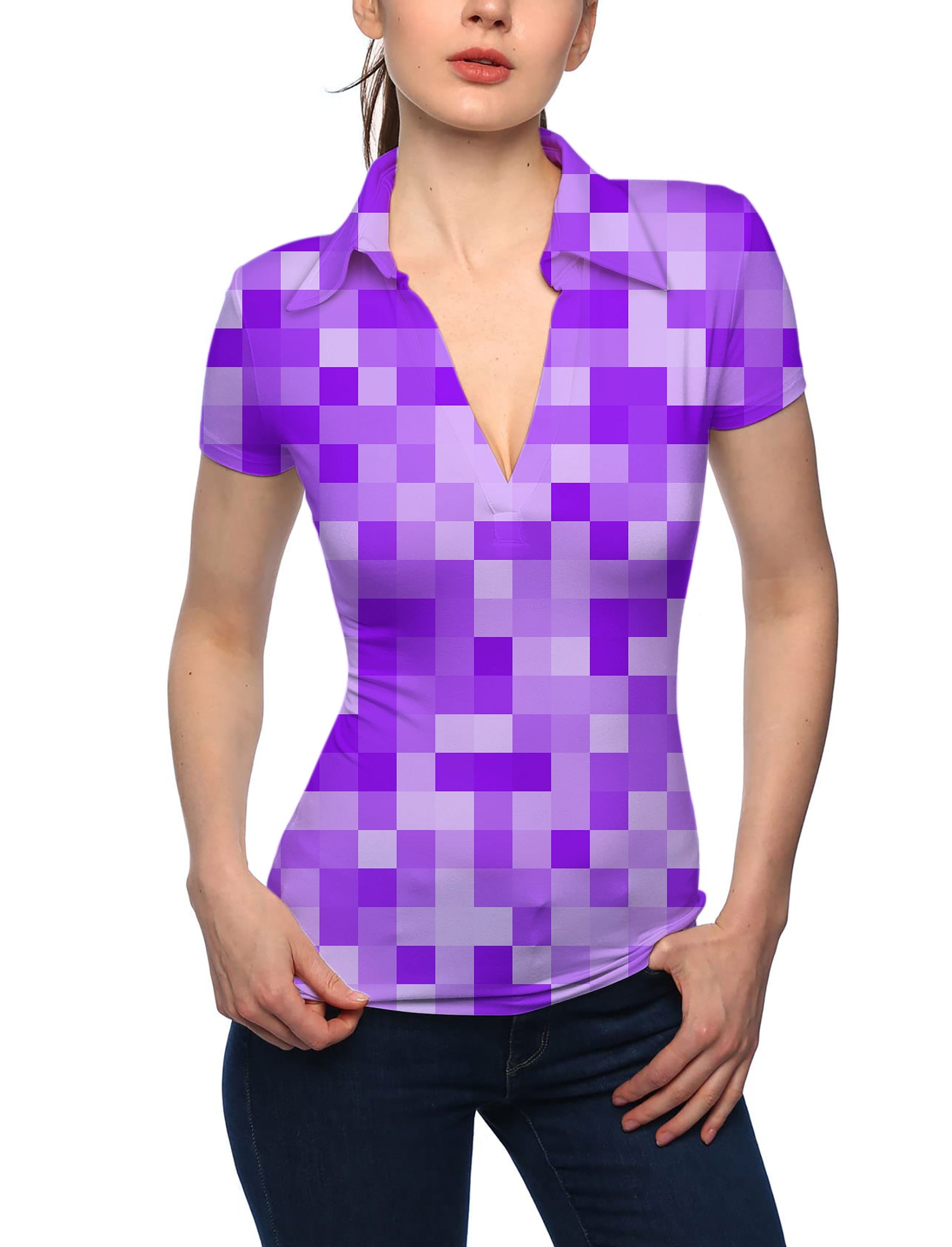 Women's Purple Pixel Big V Neck Golf Polo
