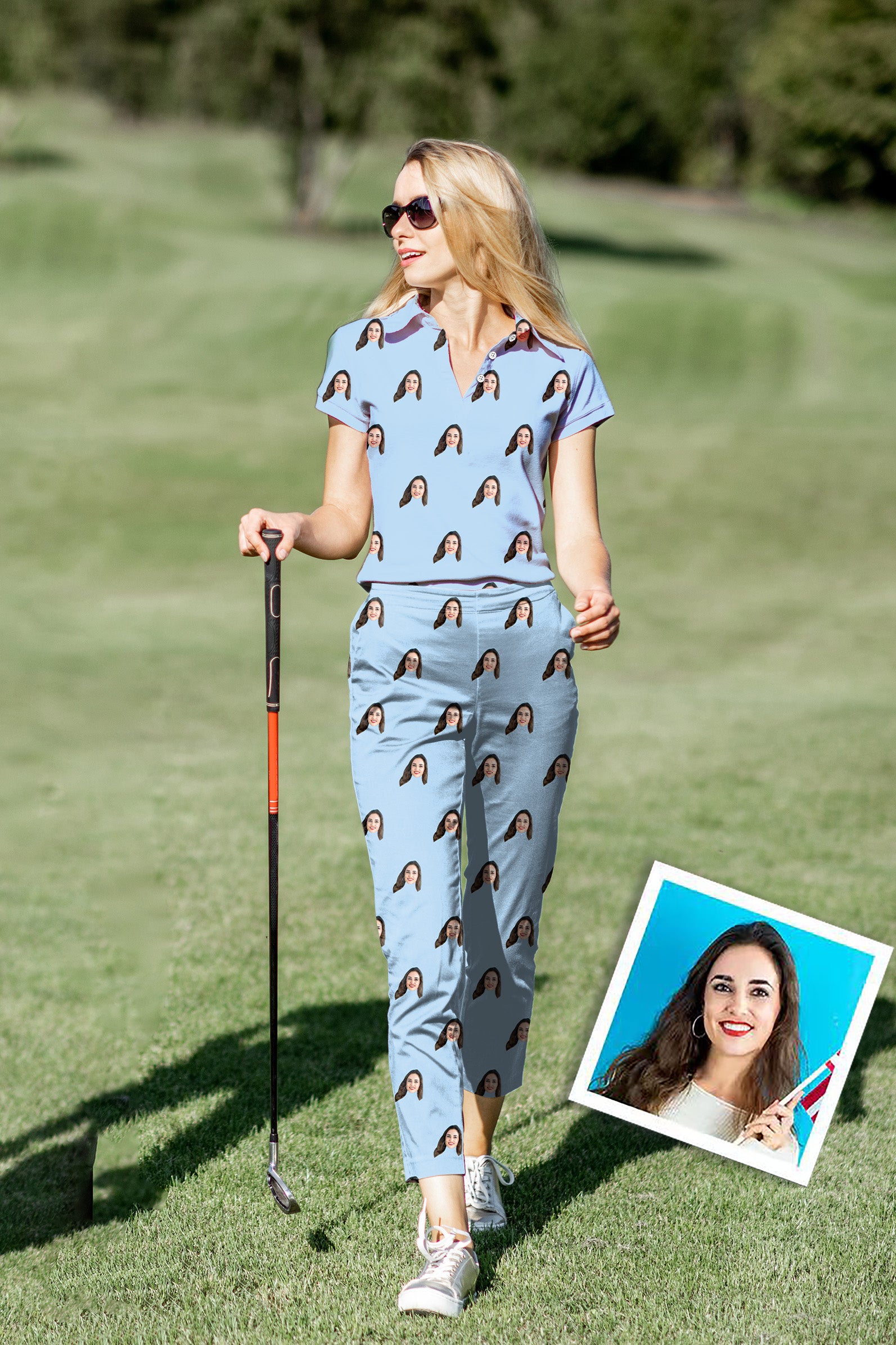 Women's Golf Polo+Pants Set Custom Photo Funny Face