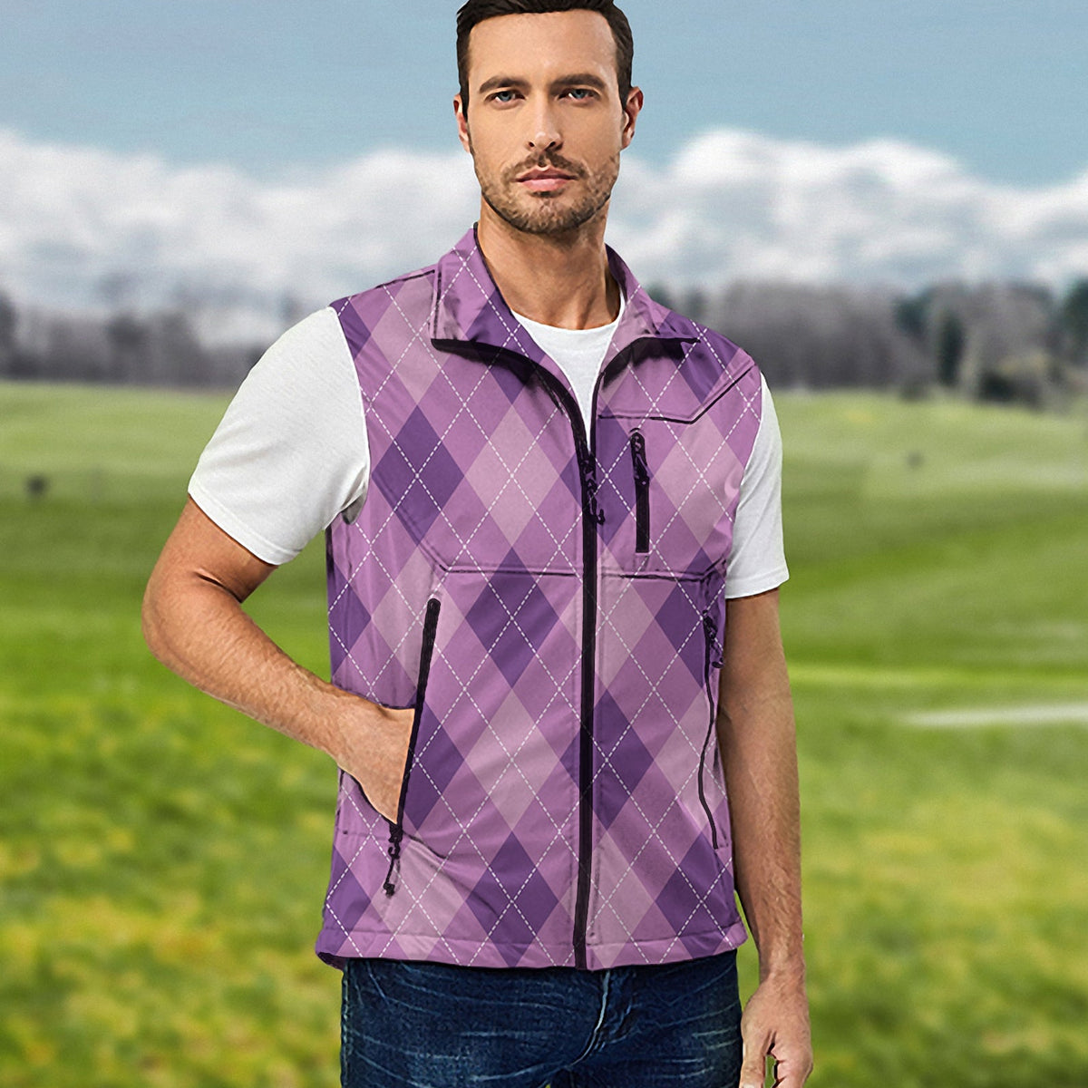 Men's purple Argyle Lightweight Softshell Vest Sleeveless Jacket for G