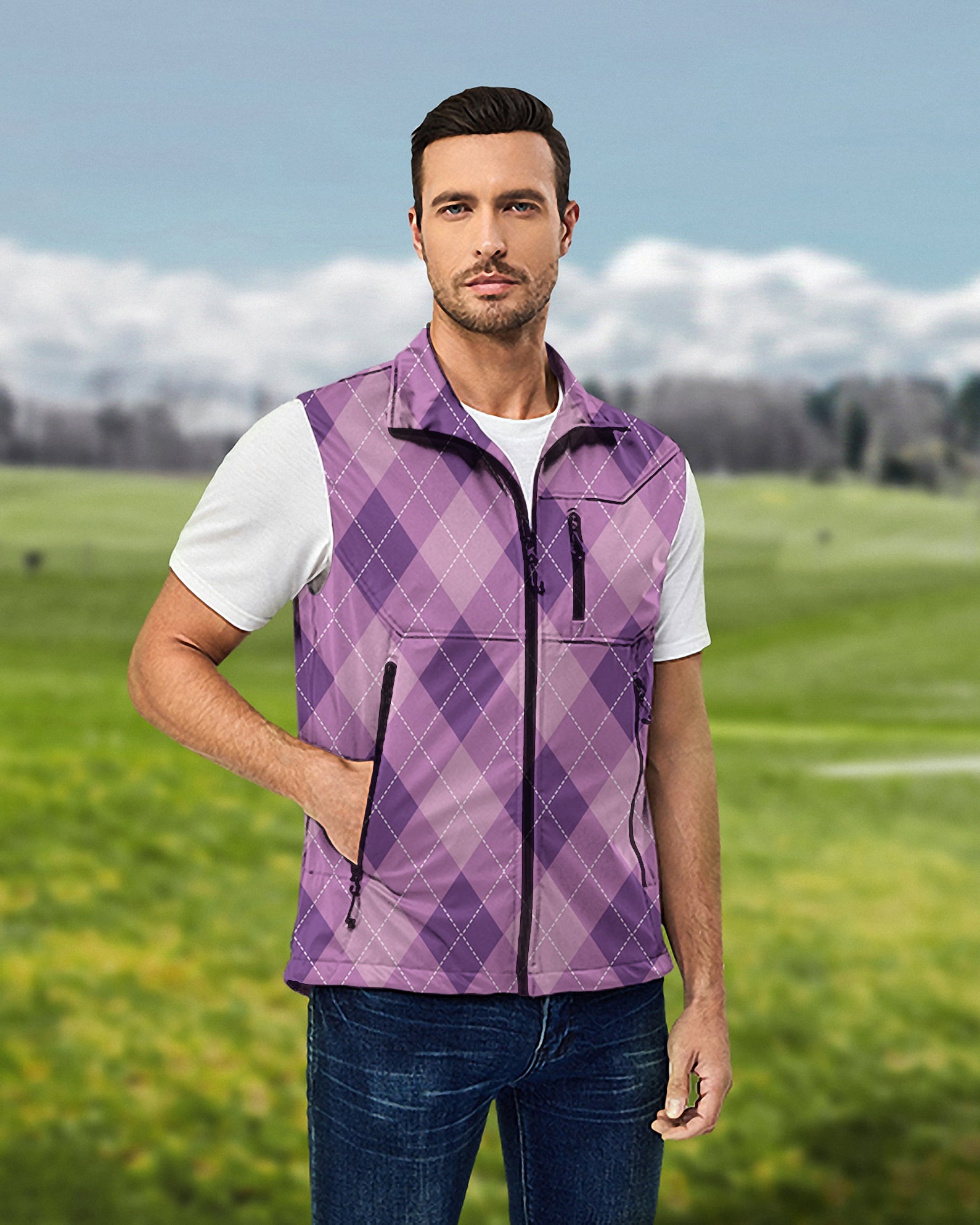 Men's purple Argyle Lightweight Softshell Vest Sleeveless Jacket for Golf Windproof Waterproof