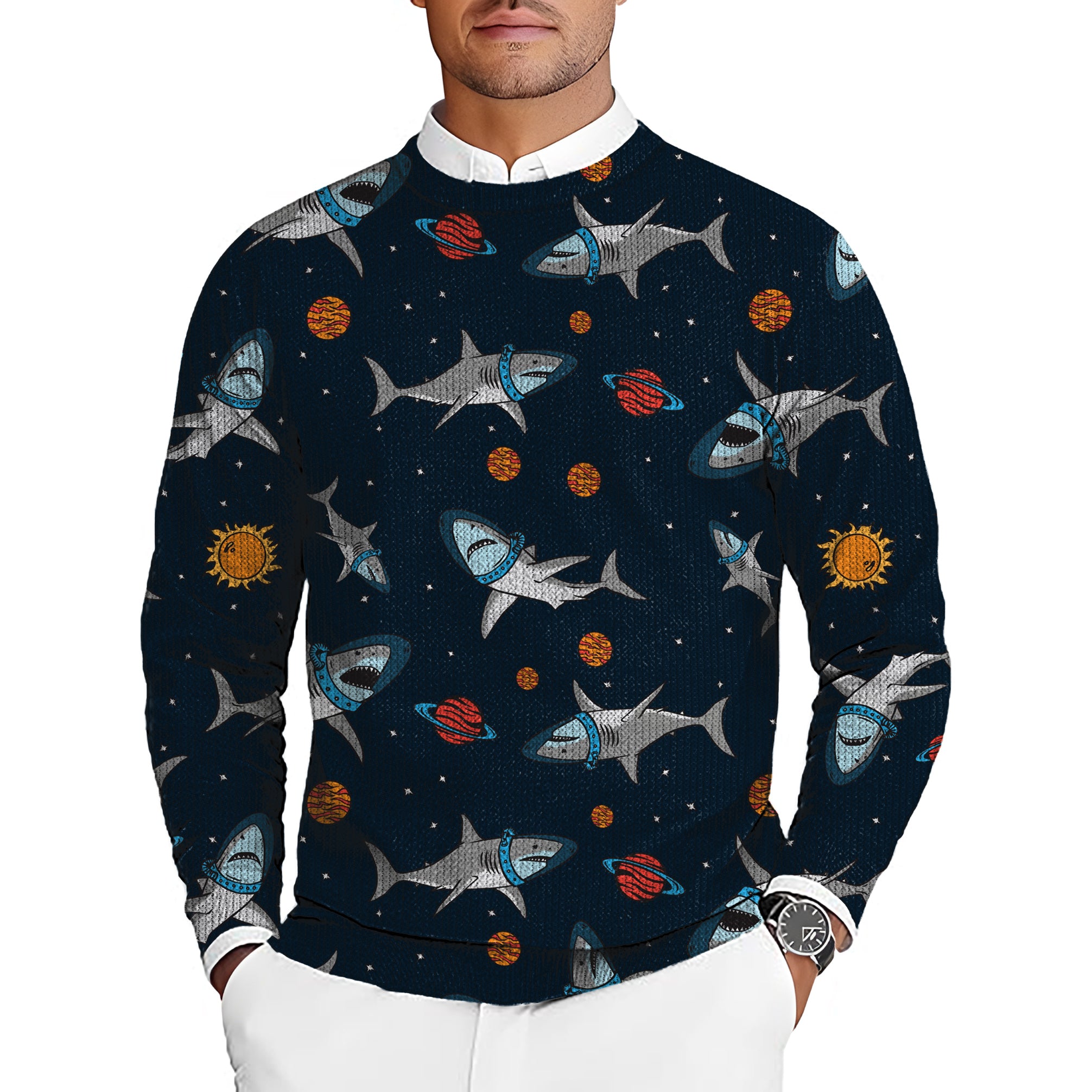 Sharks in Space Men's Golf Crewneck Pullover Sweaters Ugly Sweater