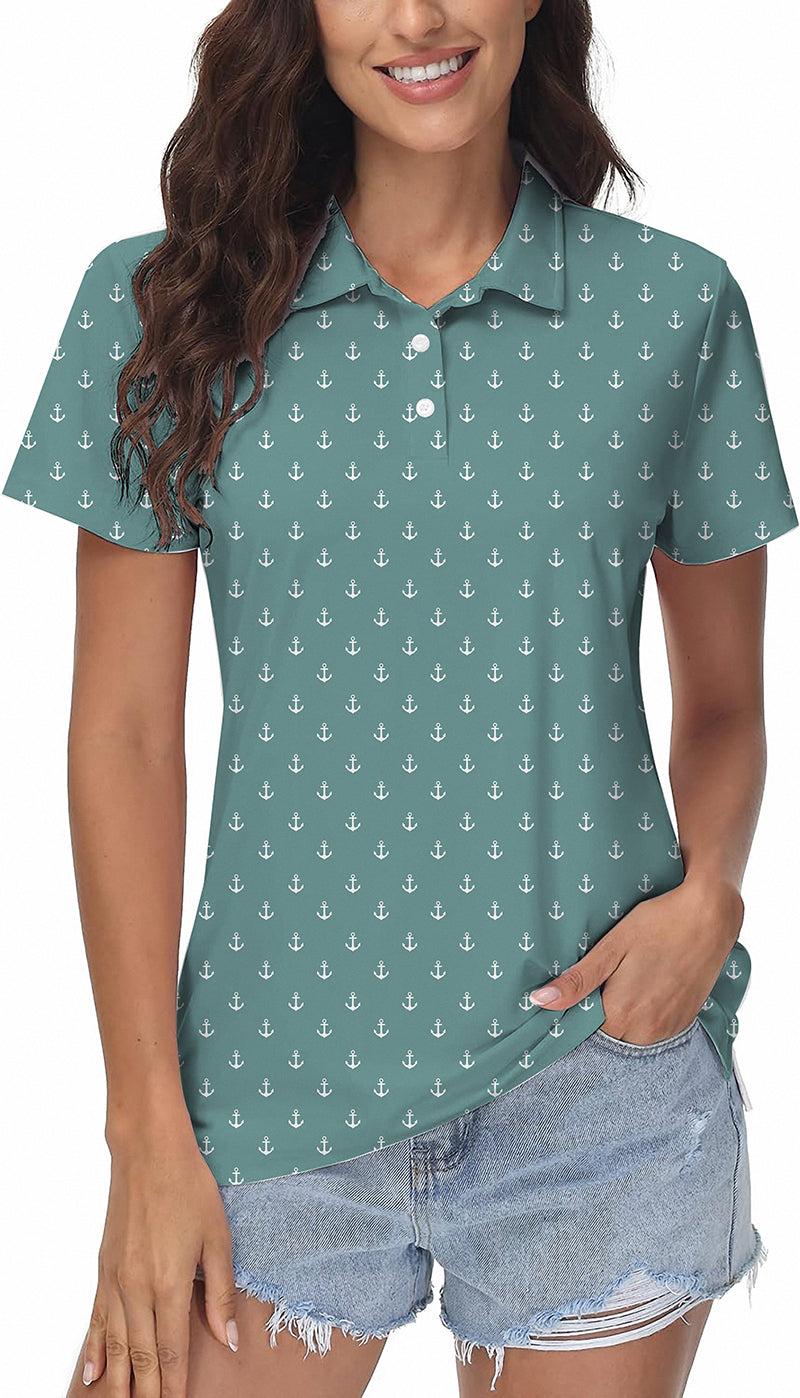 Green blue Anchor Women's Golf Polo with anchor pattern, short sleeves, and classic fit for women