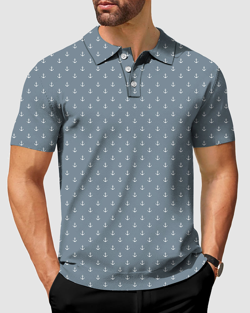 Men's gray polo shirt with white anchor pattern, four-way stretch, moisture-wicking fabric, wrinkle-resistant and UPF 40+ protection.
