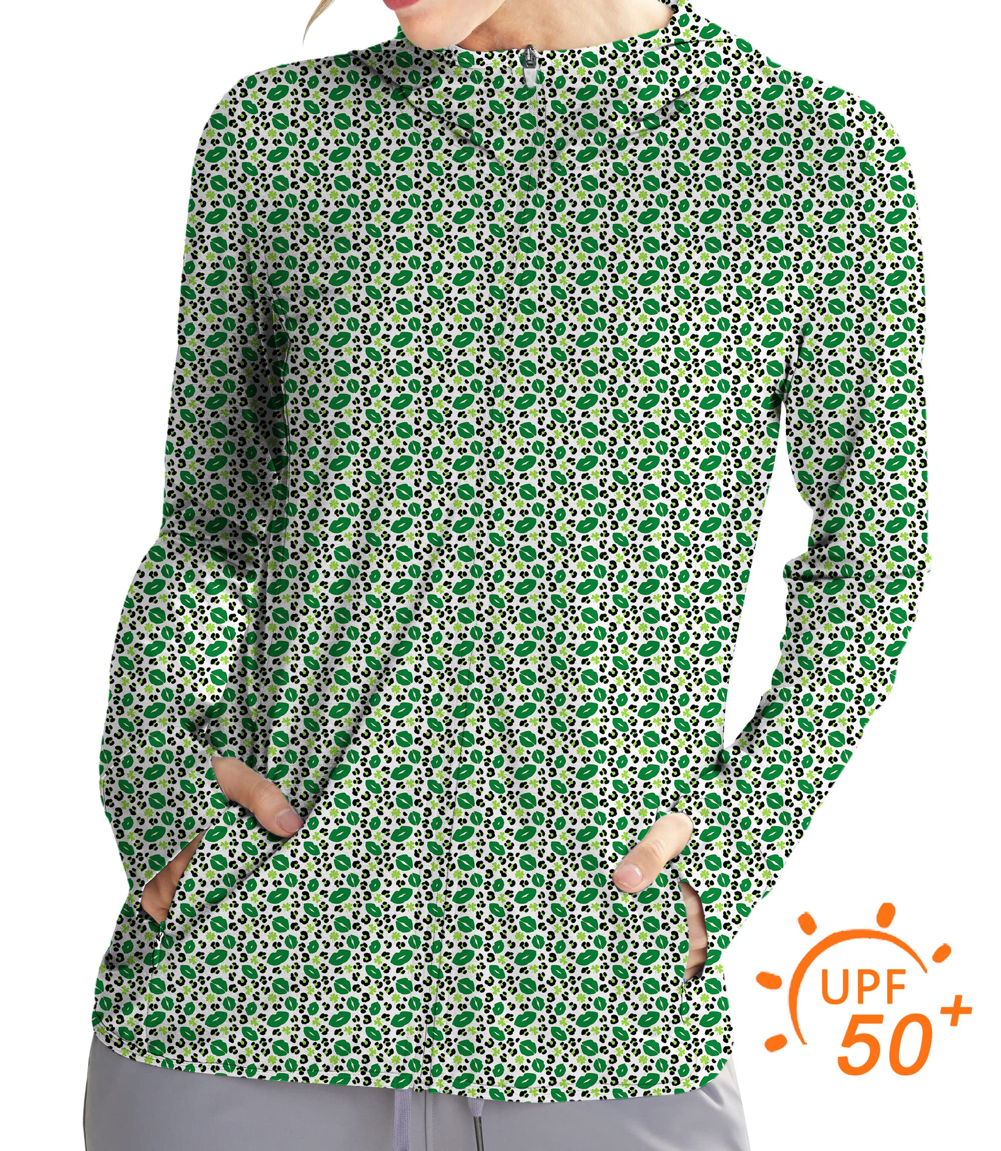 Women's Outdoor Green leopard kiss St. Patrick's Day Golf Sun Protection Slim Fit zip hoodies