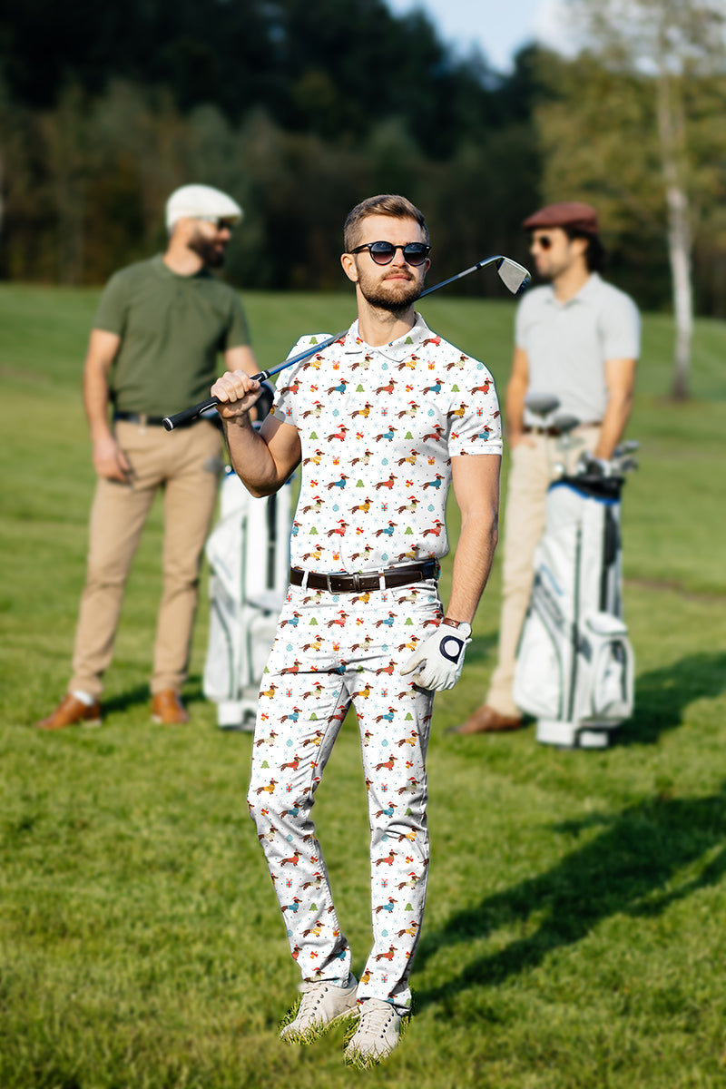 Men's golf set with colorful dachshund print polo and pants, breathable and tailored fit on golf course
